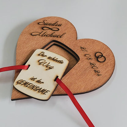 personalisiertes Herz "Hochzeit" aus Holz mit Geldfach | Wandbild | Geldgeschenk
