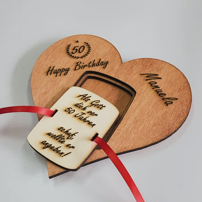 personalisiertes Herz "Geburtstag" aus Holz mit Geldfach | Wandbild | Geldgeschenk