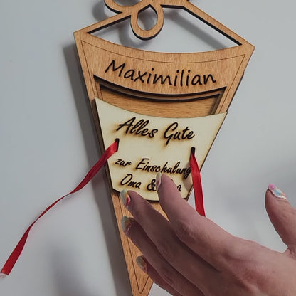 personalisierte Schultüte aus Holz mit Geldfach | Wandbild | Geldgeschenk