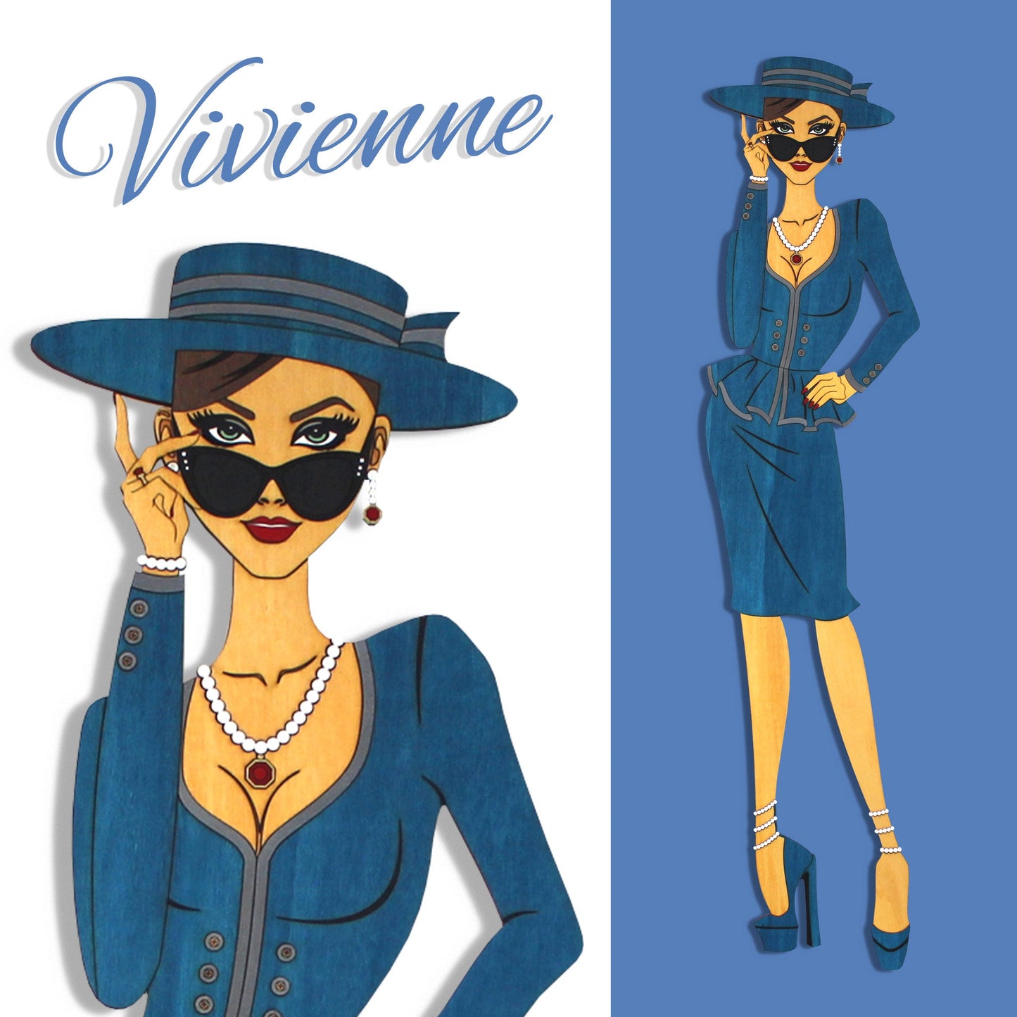 "Vivienne" – Kunstvolles Holz - Wandbild, Lebensgroß, Handbemalt in Blau - Nanino Design - 
