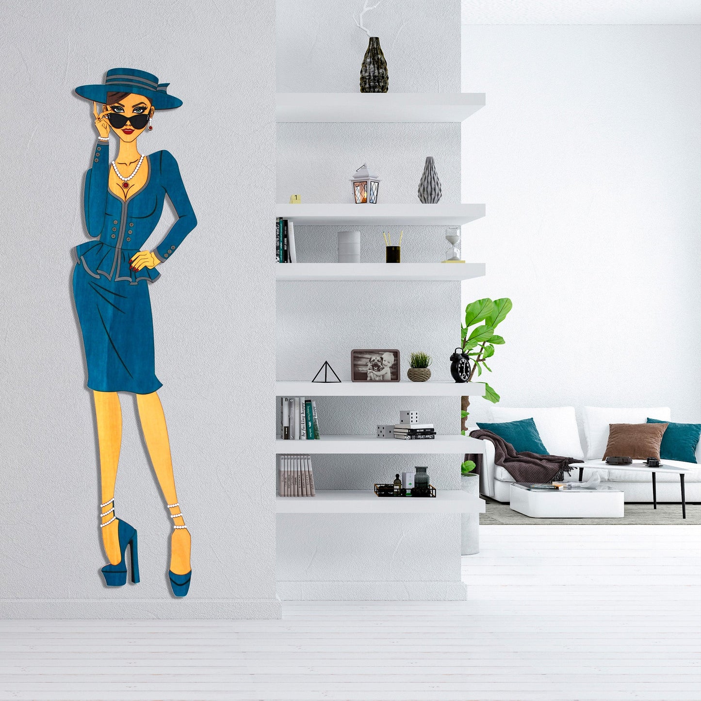 "Vivienne" – Kunstvolles Holz - Wandbild, Lebensgroß, Handbemalt in Blau - Nanino Design - 