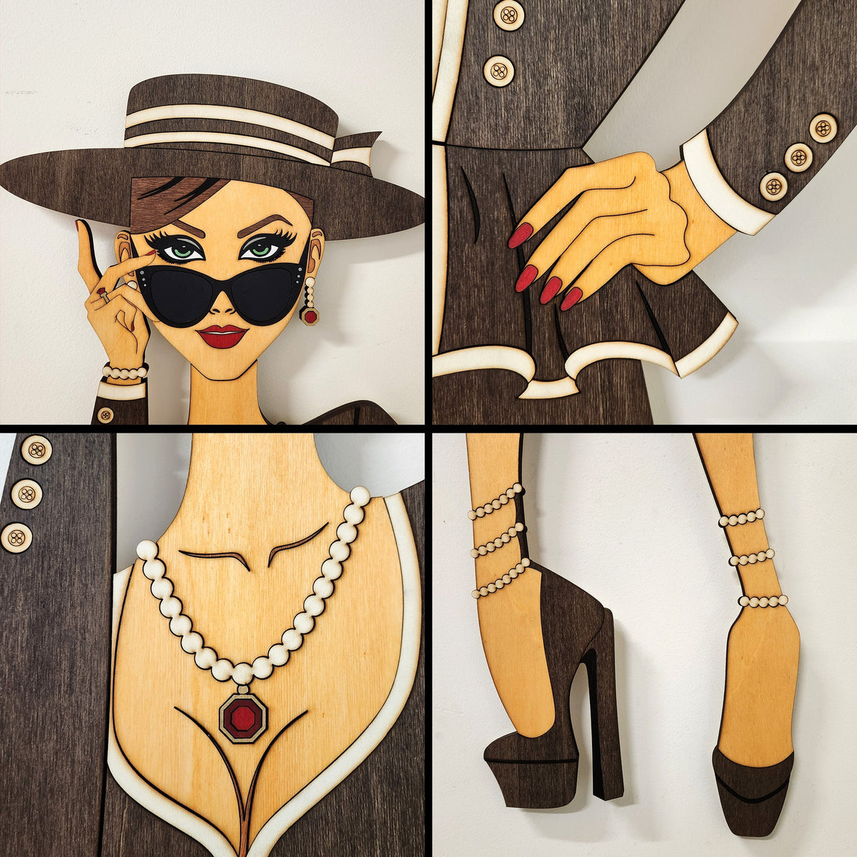 "Vivienne" – Kunstvolles Holz - Wandbild, Lebensgroß, Handbemalt in Graubraun - Nanino Design - 