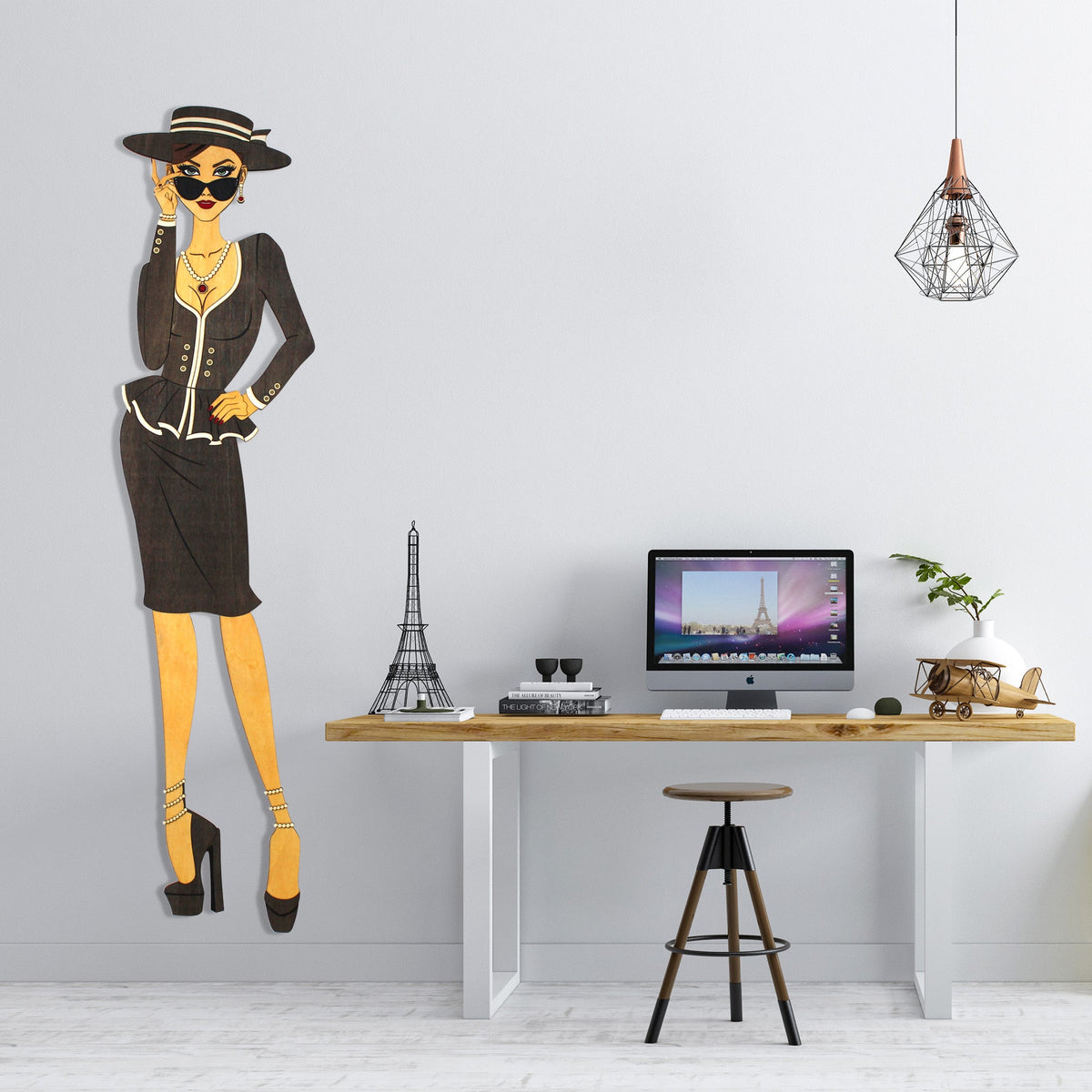 "Vivienne" – Kunstvolles Holz - Wandbild, Lebensgroß, Handbemalt in Graubraun - Nanino Design - 
