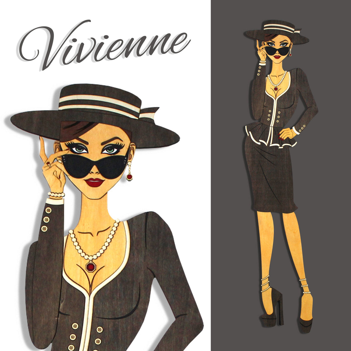 "Vivienne" – Kunstvolles Holz - Wandbild, Lebensgroß, Handbemalt in Graubraun - Nanino Design - 