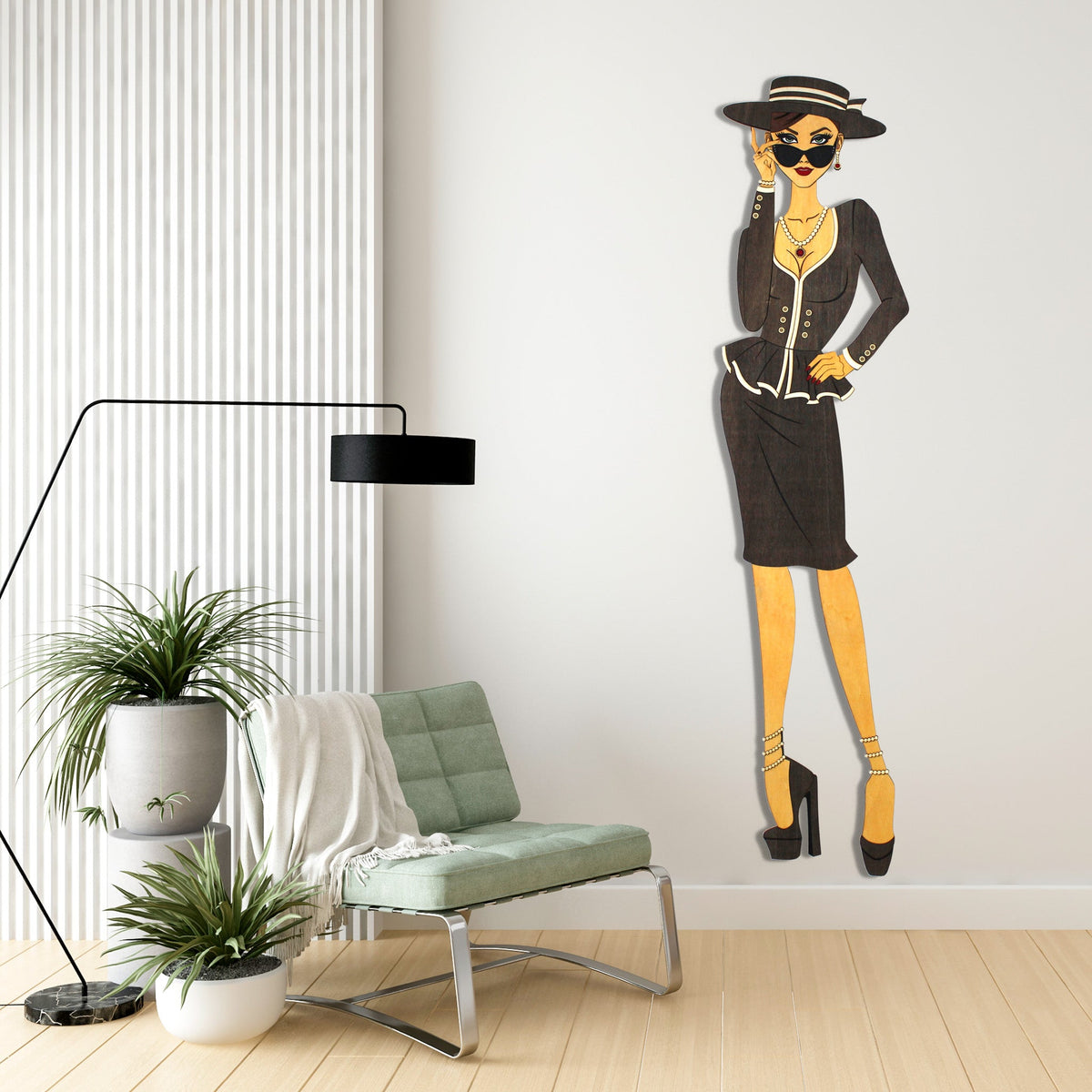"Vivienne" – Kunstvolles Holz - Wandbild, Lebensgroß, Handbemalt in Graubraun - Nanino Design - 