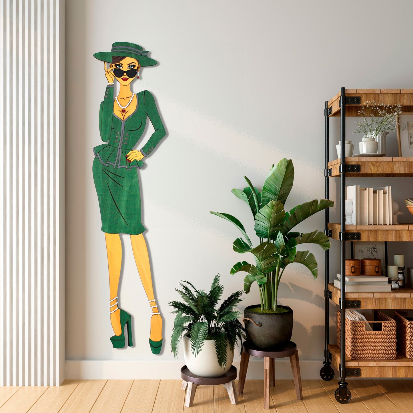 "Vivienne" – Kunstvolles Holz - Wandbild, Lebensgroß, Handbemalt in Grün - Nanino Design - 
