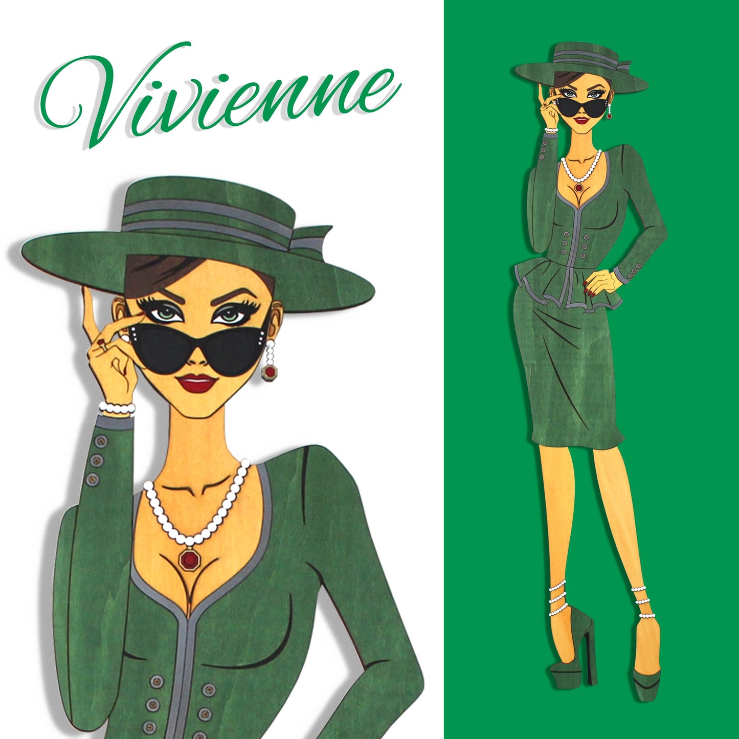 "Vivienne" – Kunstvolles Holz - Wandbild, Lebensgroß, Handbemalt in Grün - Nanino Design - 