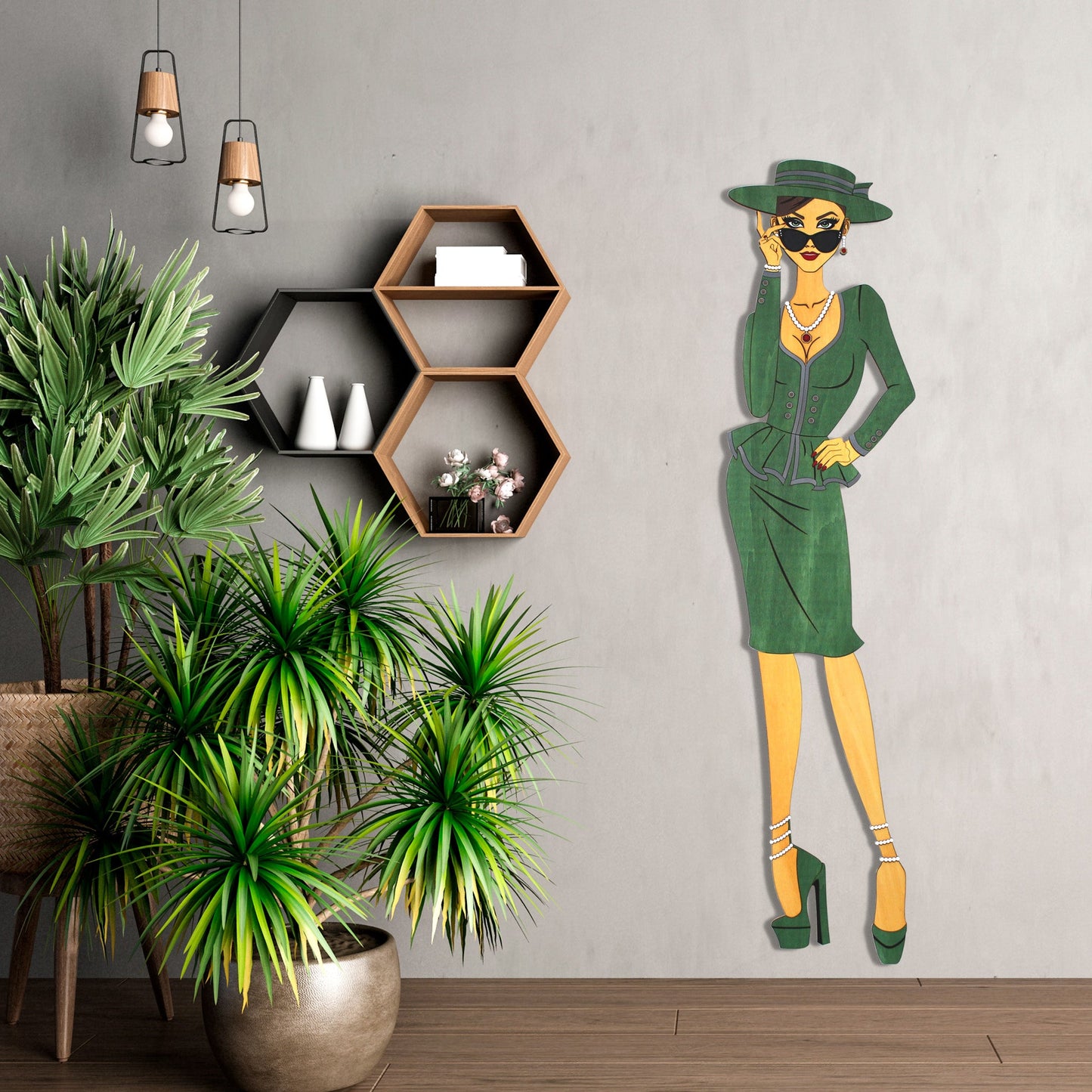 "Vivienne" – Kunstvolles Holz - Wandbild, Lebensgroß, Handbemalt in Grün - Nanino Design - 
