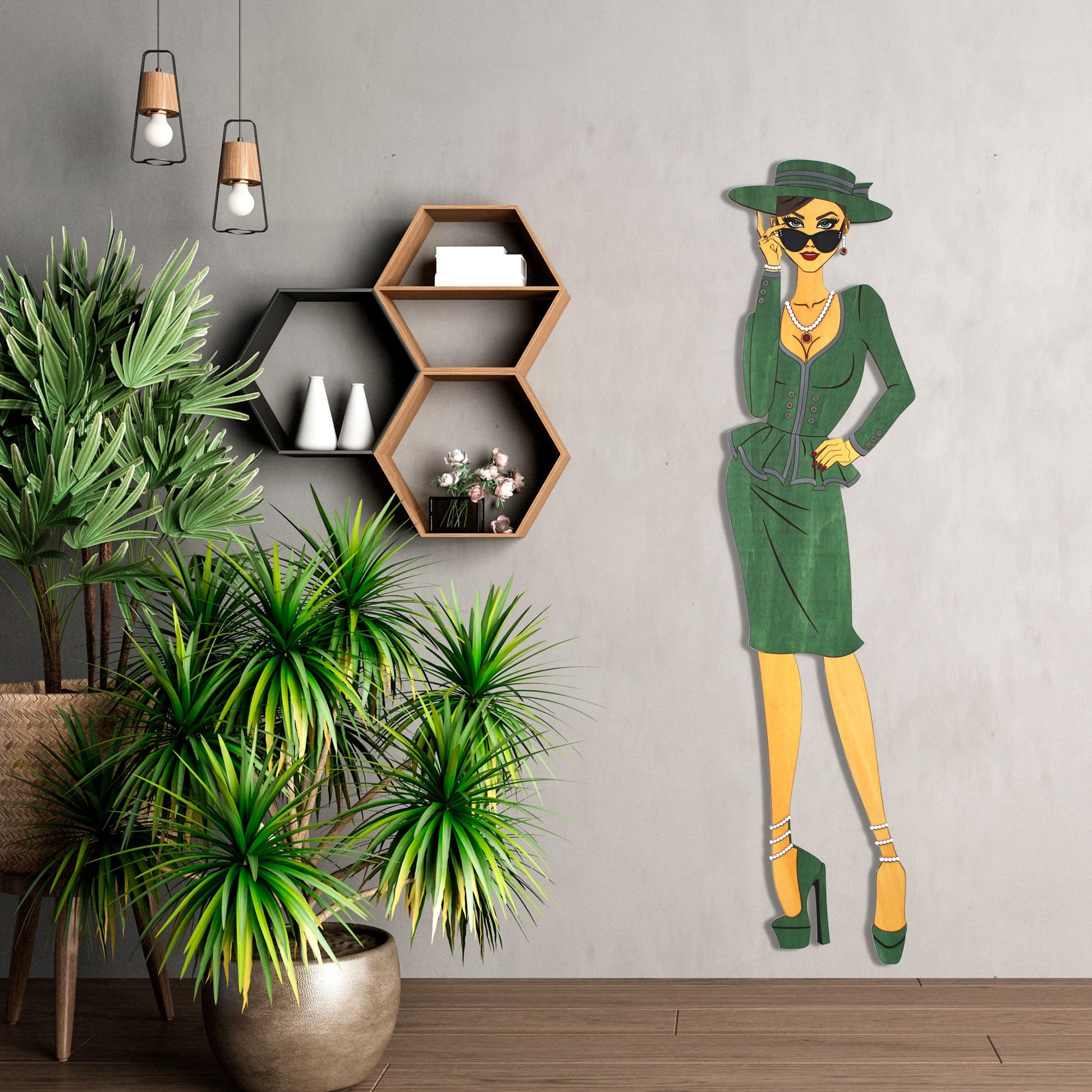 "Vivienne" – Kunstvolles Holz - Wandbild, Lebensgroß, Handbemalt in Grün - Nanino Design - 