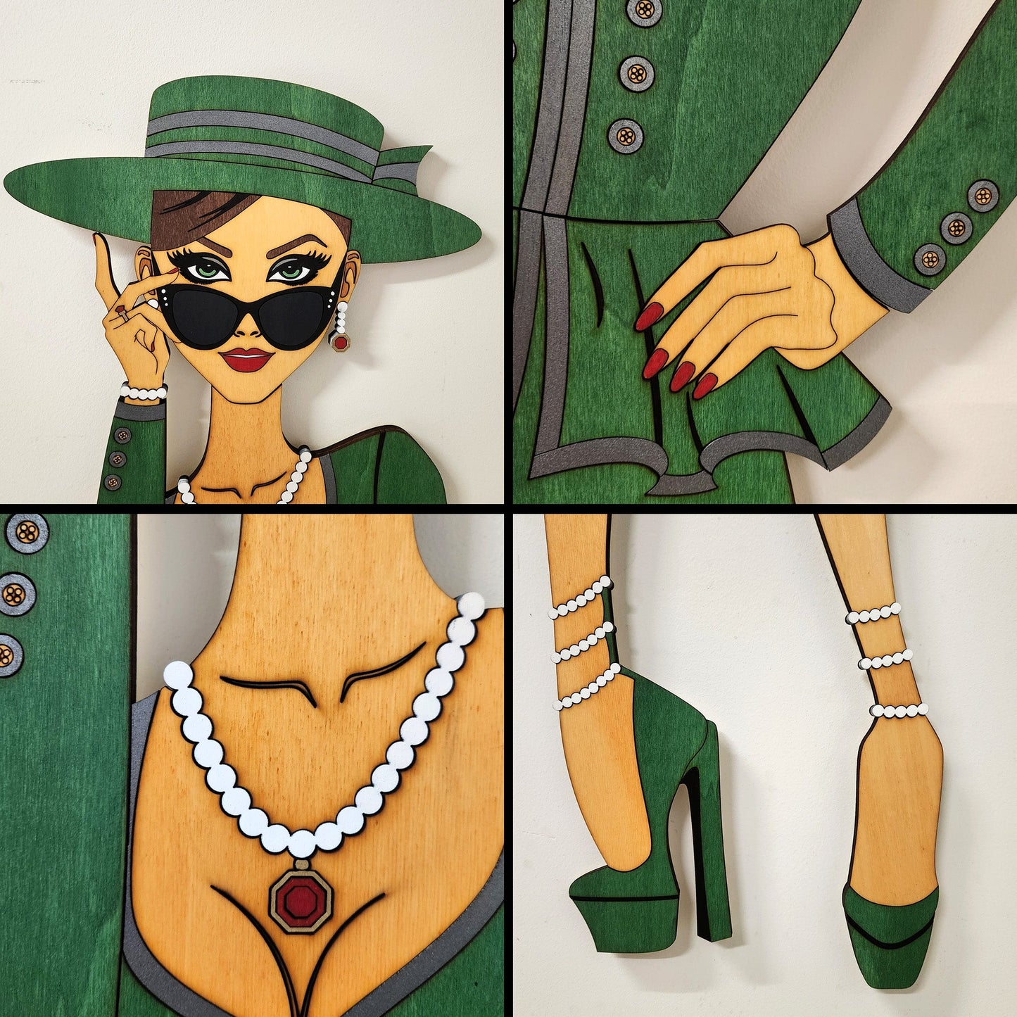 "Vivienne" – Kunstvolles Holz - Wandbild, Lebensgroß, Handbemalt in Grün - Nanino Design - 
