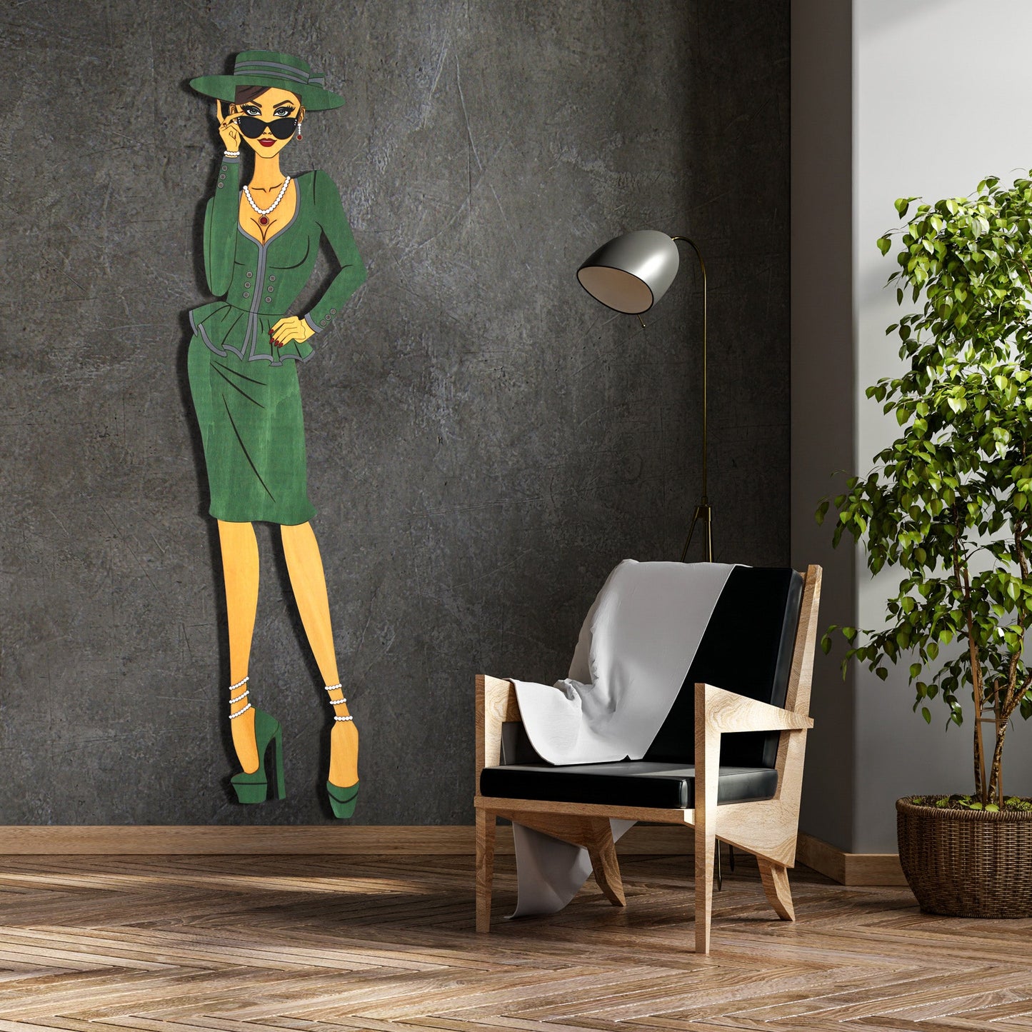 "Vivienne" – Kunstvolles Holz - Wandbild, Lebensgroß, Handbemalt in Grün - Nanino Design - 