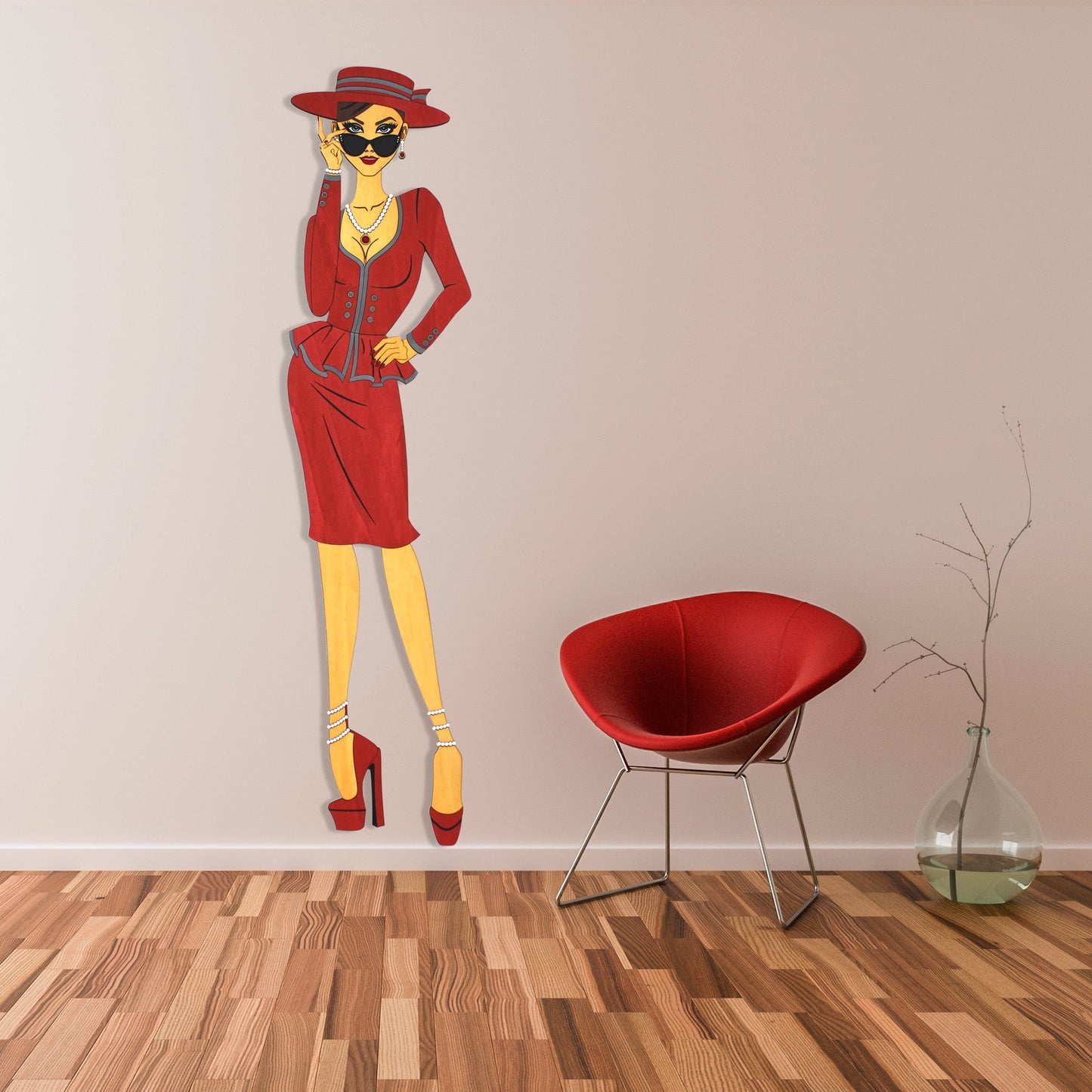"Vivienne" – Kunstvolles Holz - Wandbild, Lebensgroß, Handbemalt in Rot - Nanino Design - 