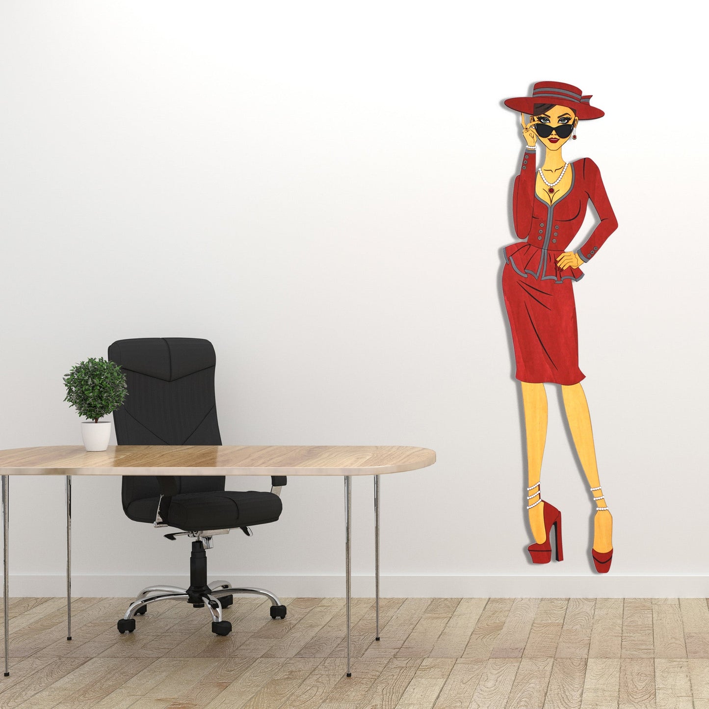 "Vivienne" – Kunstvolles Holz - Wandbild, Lebensgroß, Handbemalt in Rot - Nanino Design - 