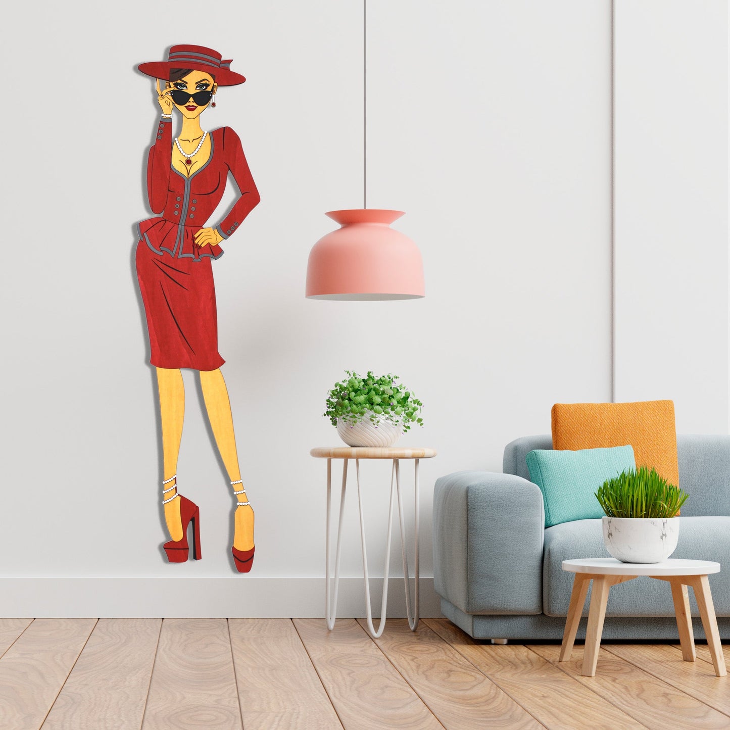 "Vivienne" – Kunstvolles Holz - Wandbild, Lebensgroß, Handbemalt in Rot - Nanino Design - 