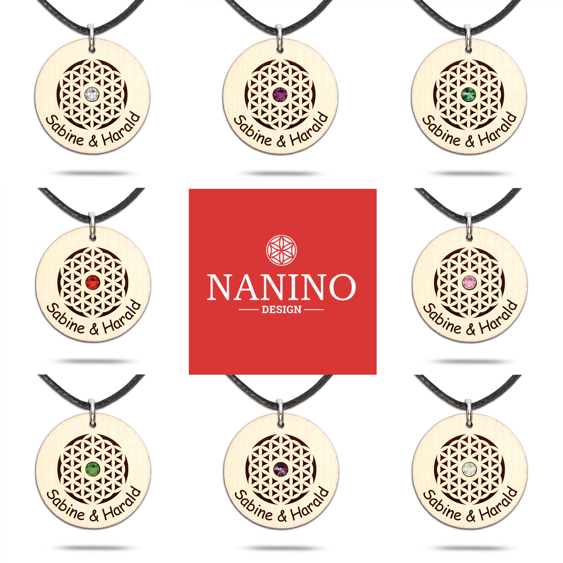 Halskette "Blume des Lebens" personalisiert, Glitzerstein - Nanino Design Onlineshop -