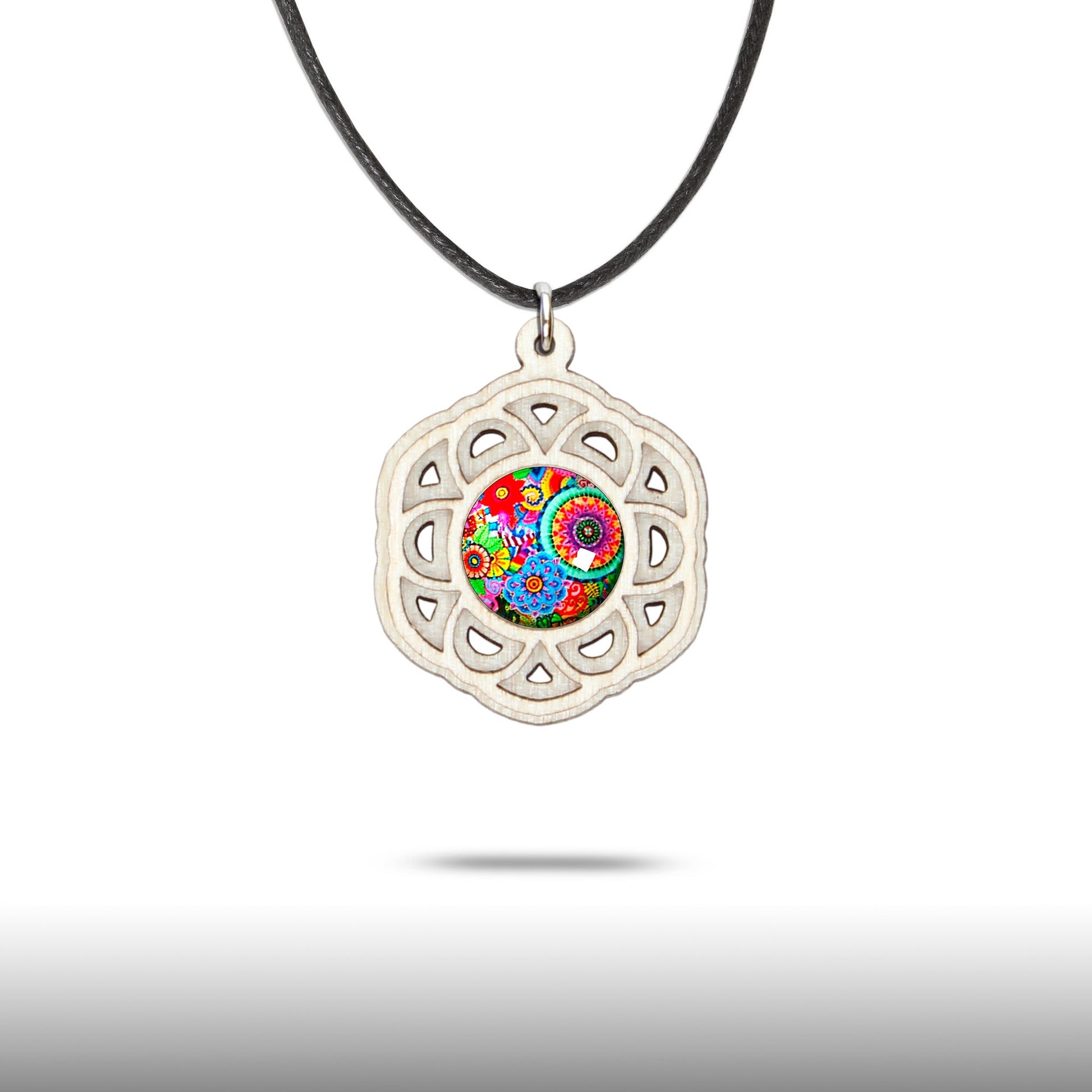 Halskette Mandala "Blume" aus Holz mit Glasstein - Nanino Design Onlineshop -