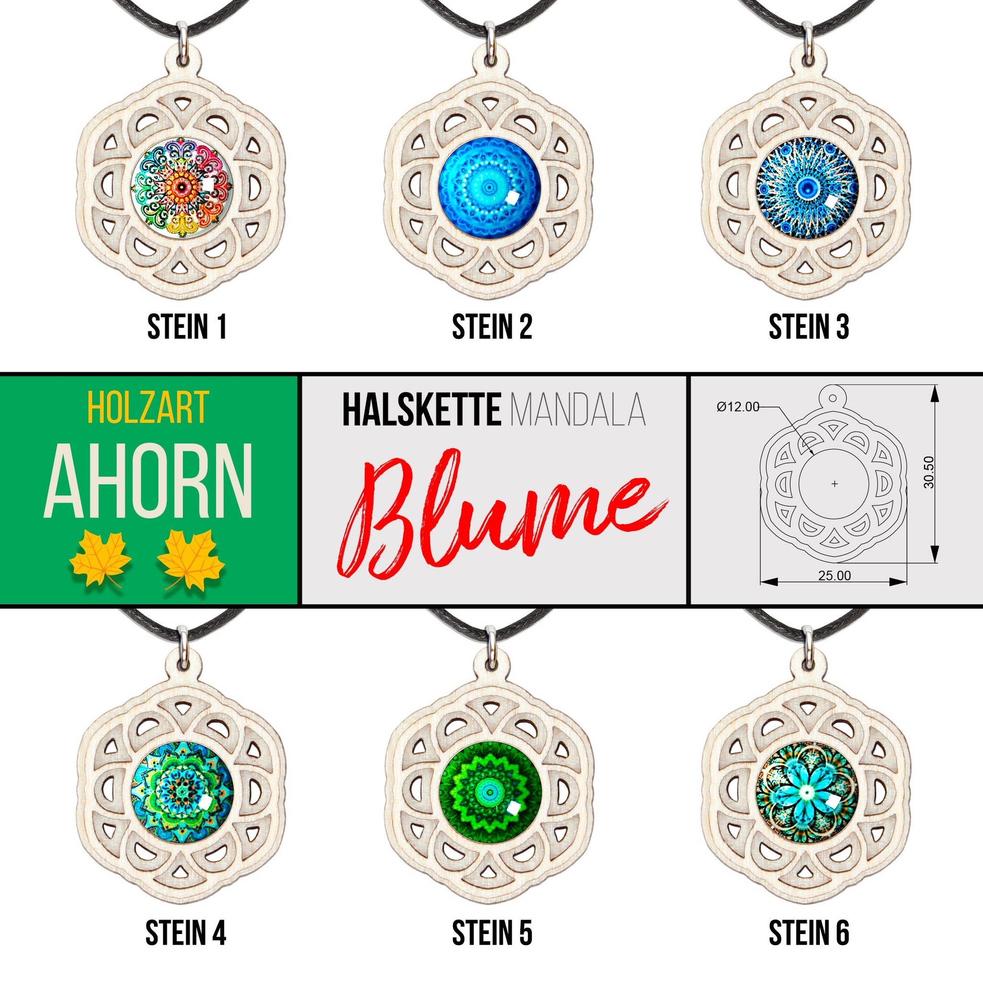 Halskette Mandala "Blume" aus Holz mit Glasstein - Nanino Design Onlineshop -