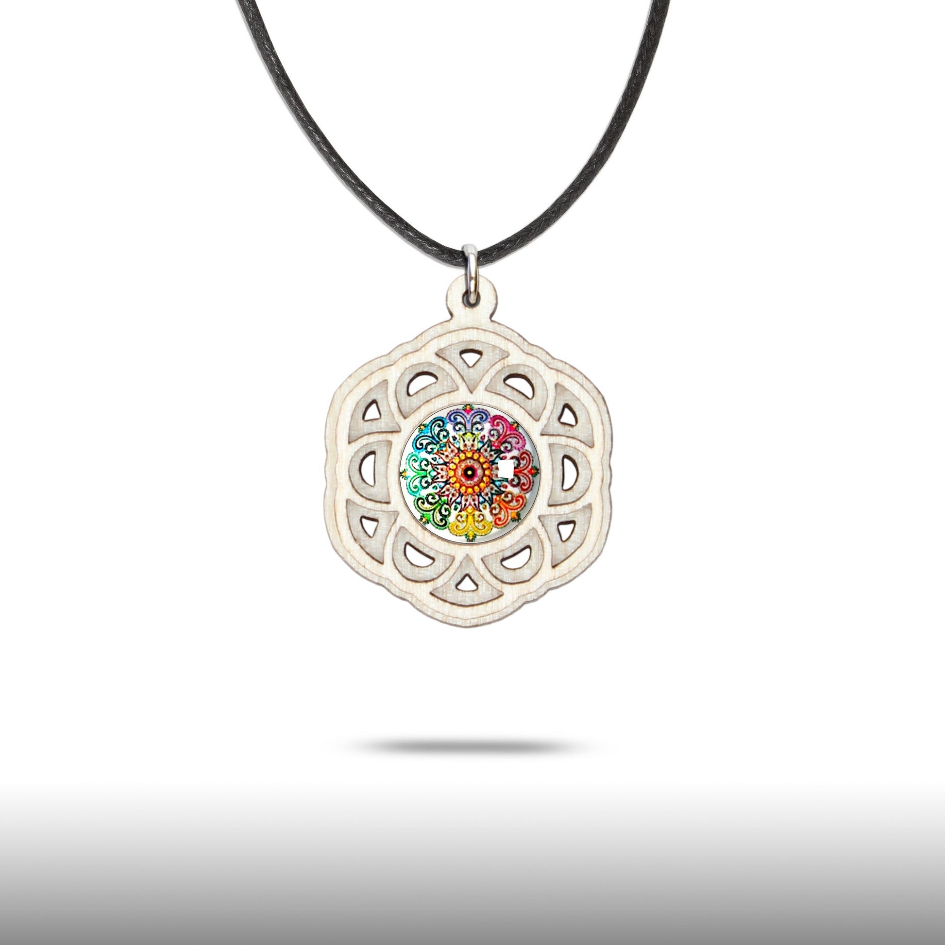 Halskette Mandala "Blume" aus Holz mit Glasstein - Nanino Design Onlineshop -