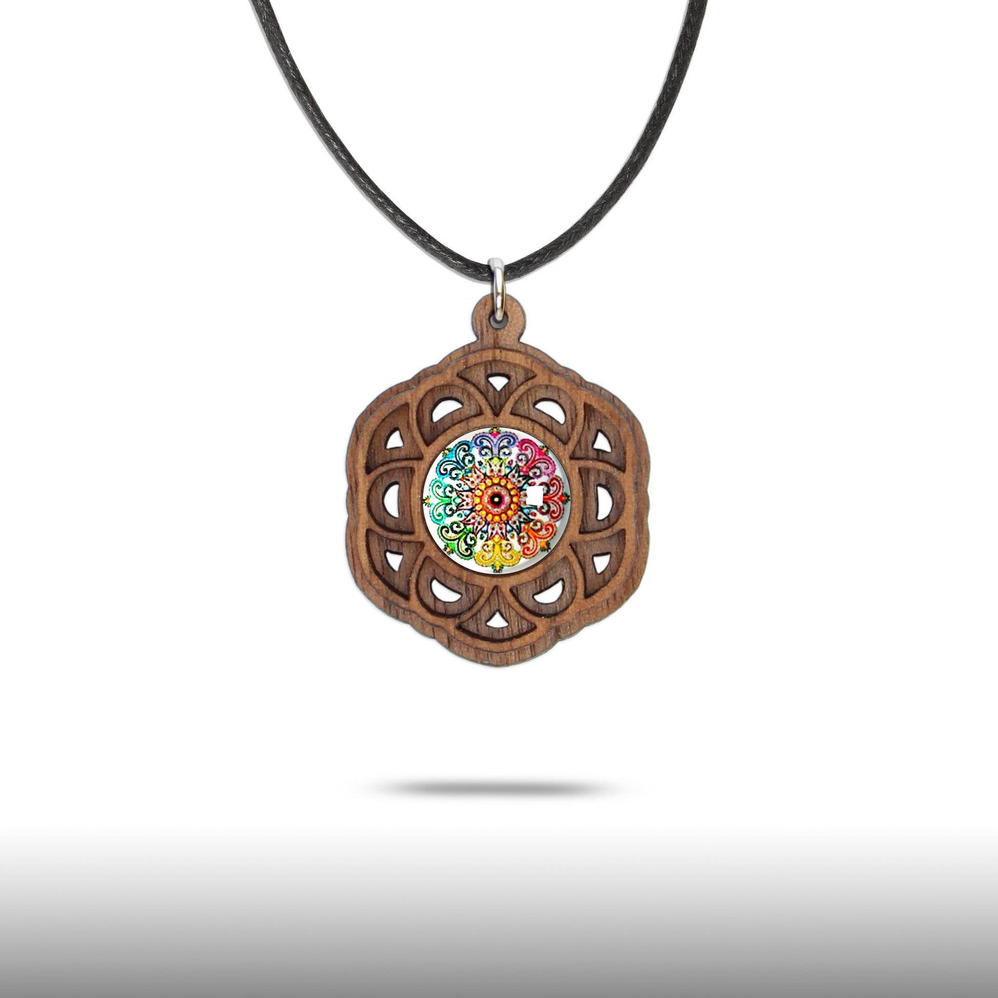 Halskette Mandala "Blume" aus Holz mit Glasstein - Nanino Design Onlineshop -