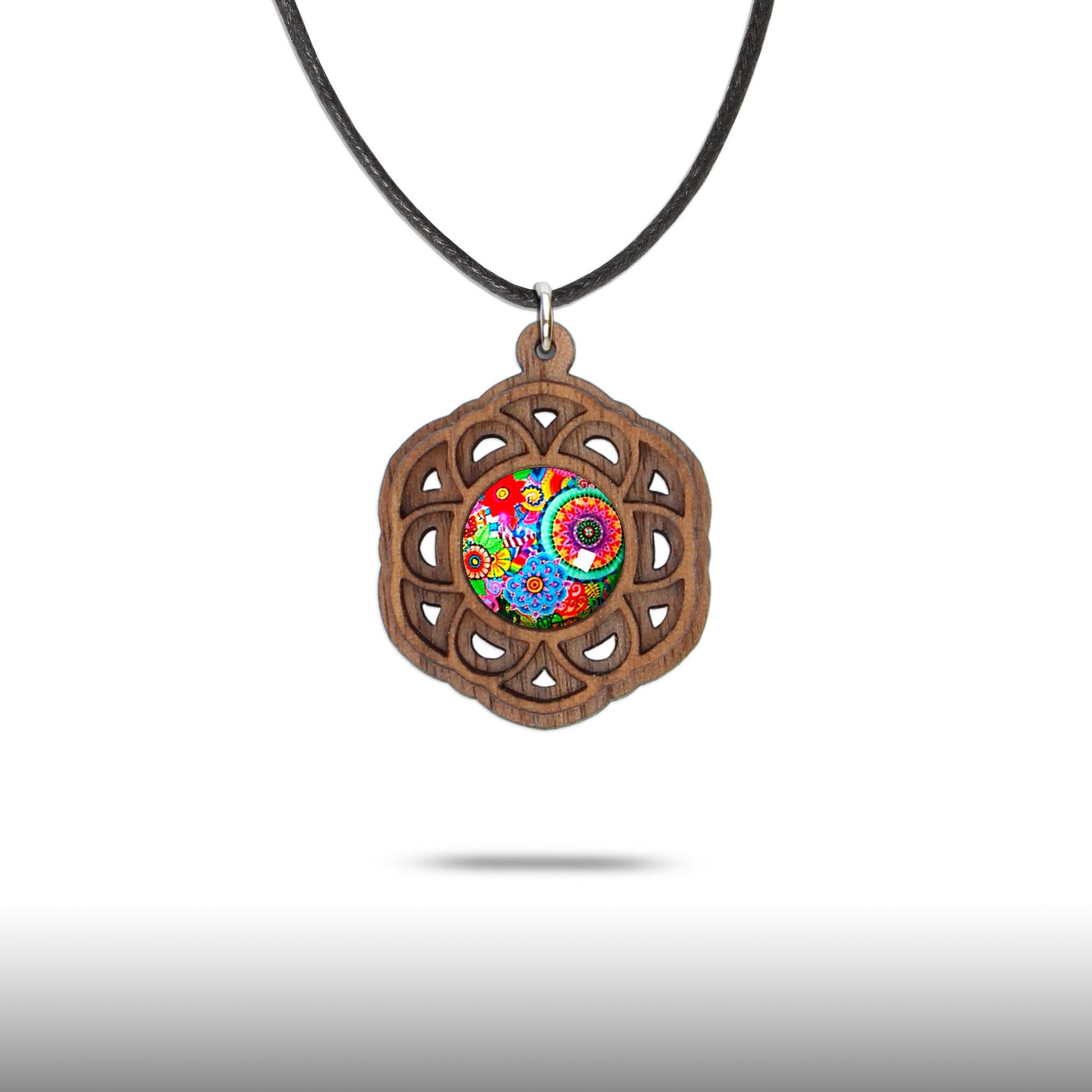 Halskette Mandala "Blume" aus Holz mit Glasstein - Nanino Design Onlineshop -
