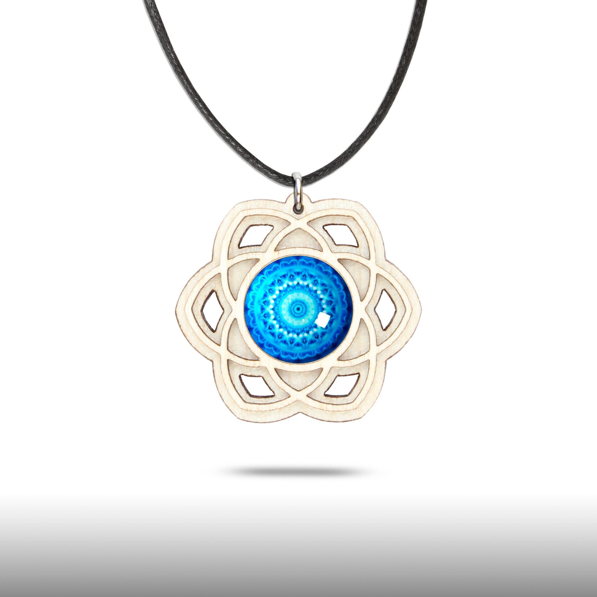 Halskette Mandala "Saturn" groß aus Holz mit Glasstein - Nanino Design Onlineshop -