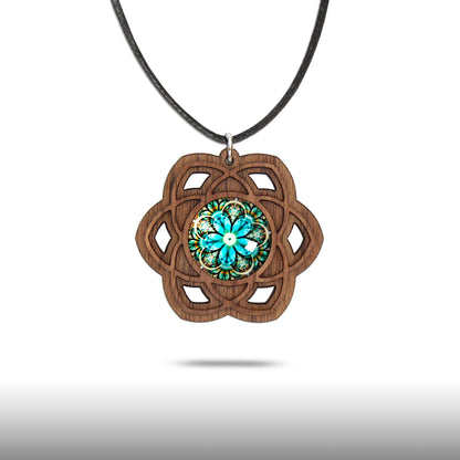 Halskette Mandala "Saturn" groß aus Holz mit Glasstein - Nanino Design Onlineshop -