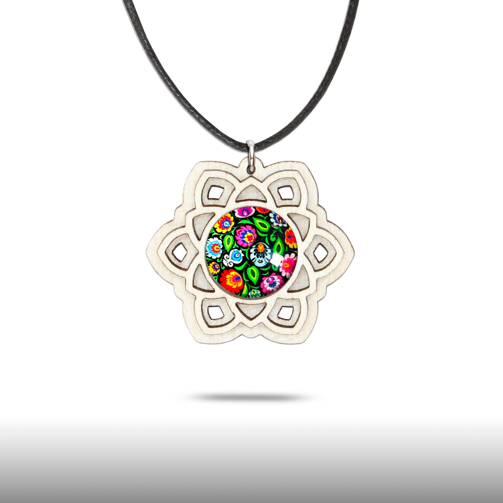 Halskette Mandala "Sonne" groß aus Holz mit Glasstein - Nanino Design Onlineshop -