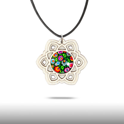 Halskette Mandala "Sonne" groß aus Holz mit Glasstein - Nanino Design Onlineshop -