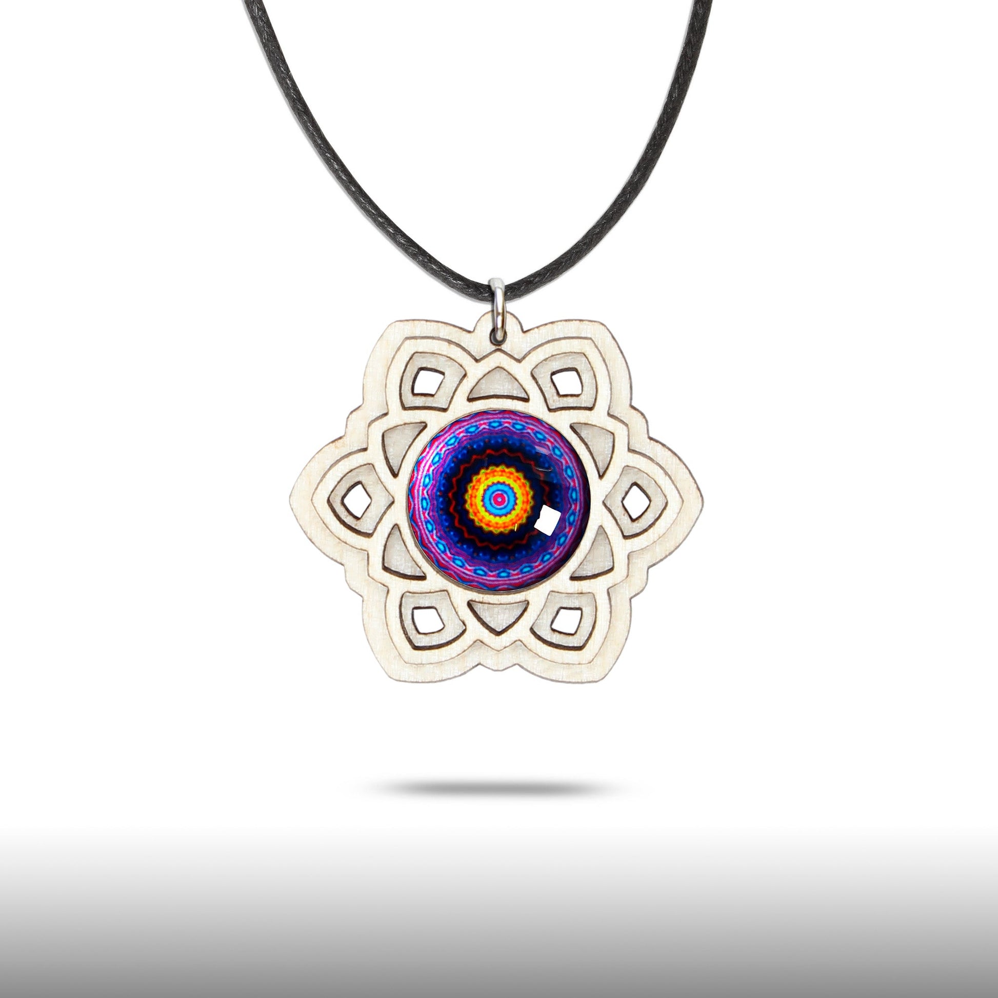 Halskette Mandala "Sonne" groß aus Holz mit Glasstein - Nanino Design Onlineshop -