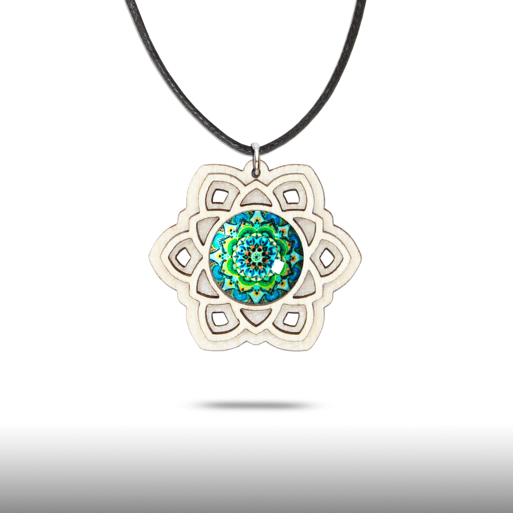 Halskette Mandala "Sonne" groß aus Holz mit Glasstein - Nanino Design Onlineshop -