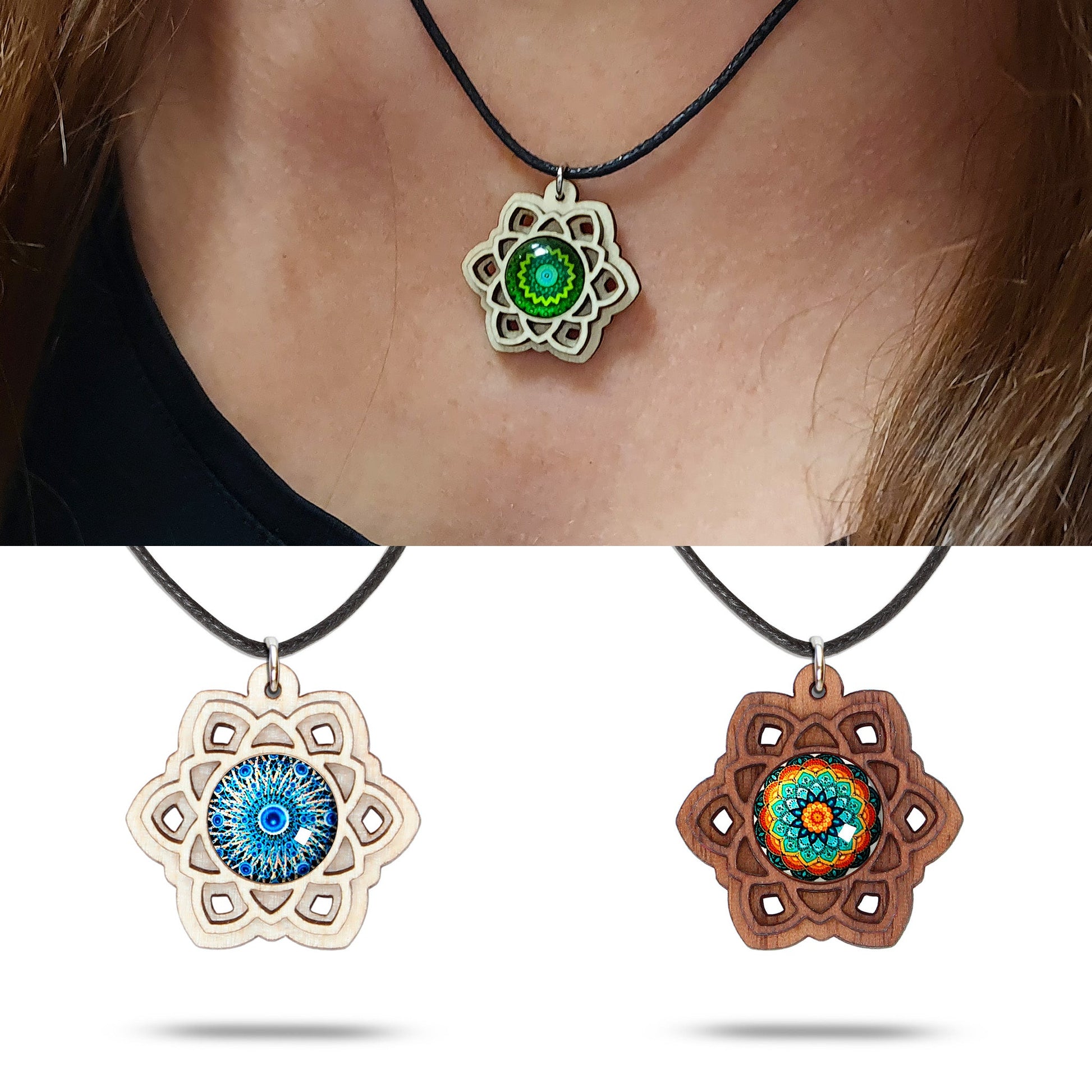 Halskette Mandala "Sonne" klein aus Holz mit Glasstein - Nanino Design Onlineshop -