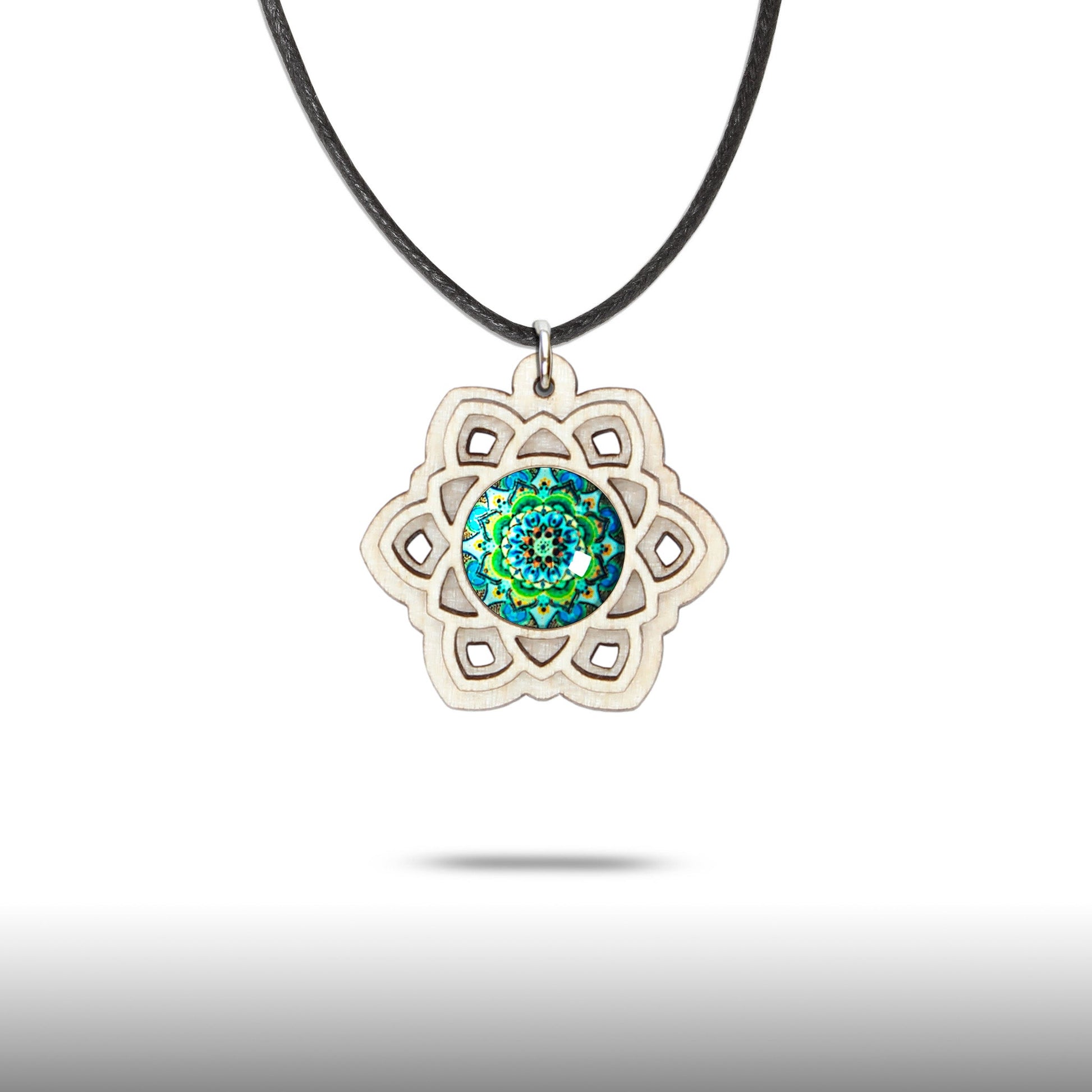 Halskette Mandala "Sonne" klein aus Holz mit Glasstein - Nanino Design Onlineshop -