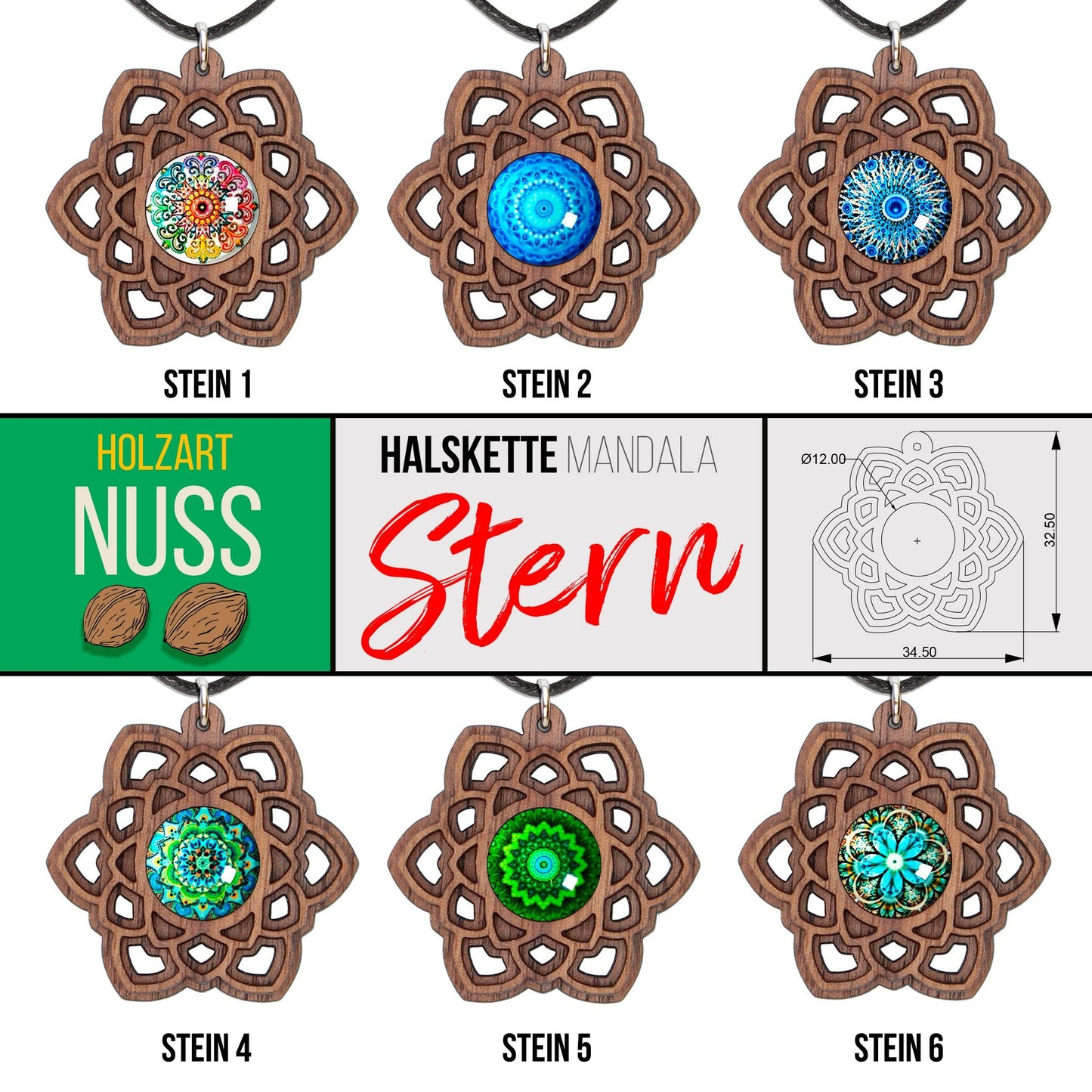 Halskette Mandala "Stern" aus Holz mit Glasstein - Nanino Design Onlineshop -