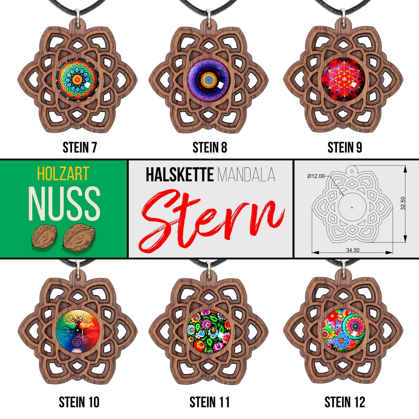 Halskette Mandala "Stern" aus Holz mit Glasstein - Nanino Design Onlineshop -