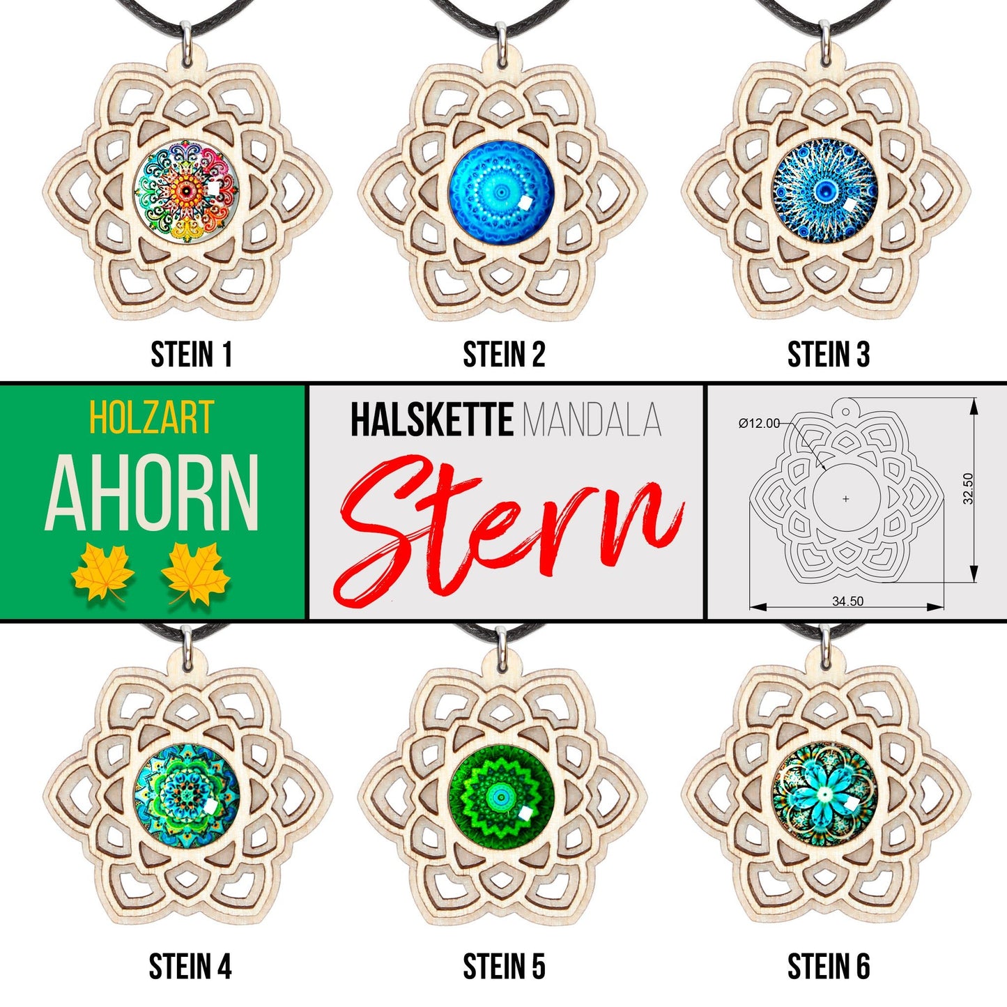 Halskette Mandala "Stern" aus Holz mit Glasstein - Nanino Design Onlineshop -