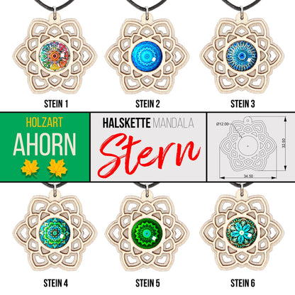 Halskette Mandala "Stern" aus Holz mit Glasstein - Nanino Design Onlineshop -