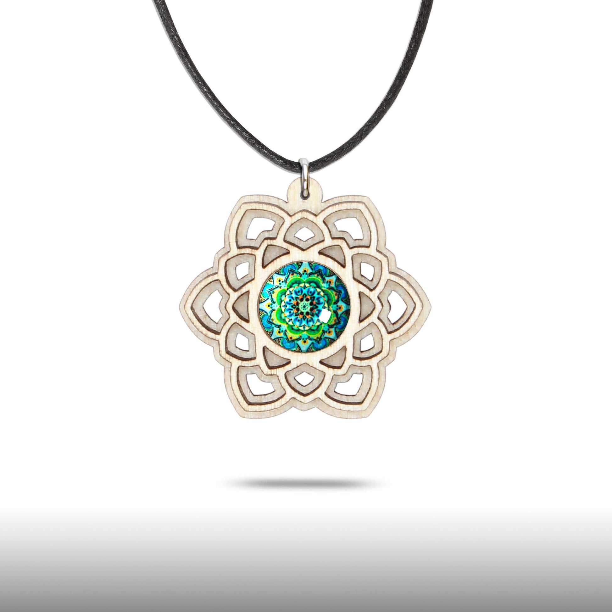 Halskette Mandala "Stern" aus Holz mit Glasstein - Nanino Design Onlineshop -