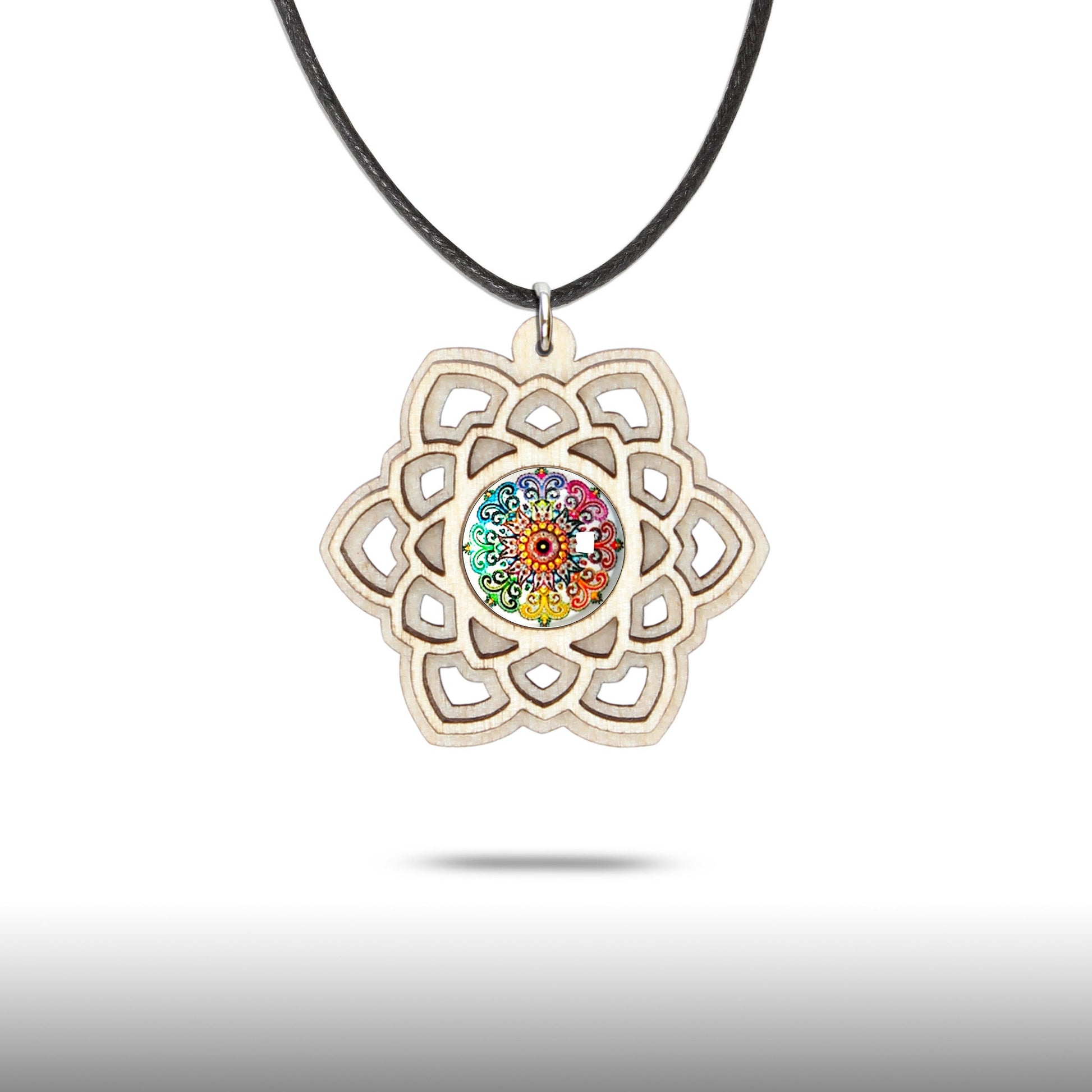 Halskette Mandala "Stern" aus Holz mit Glasstein - Nanino Design Onlineshop -