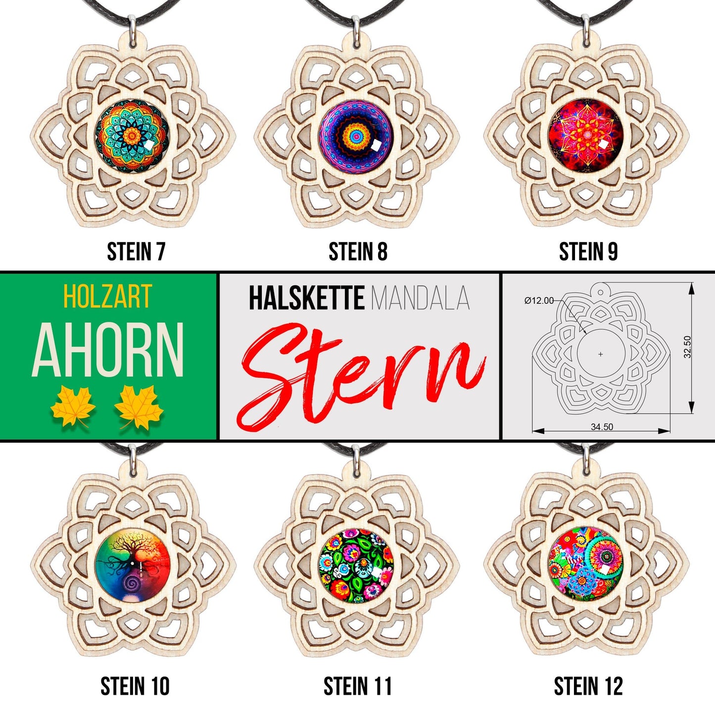 Halskette Mandala "Stern" aus Holz mit Glasstein - Nanino Design Onlineshop -