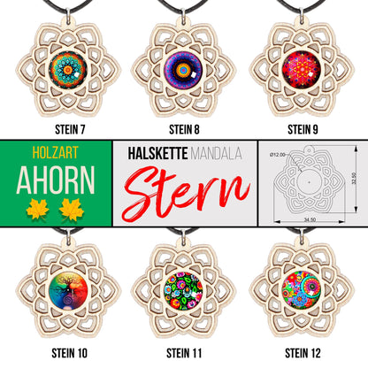 Halskette Mandala "Stern" aus Holz mit Glasstein - Nanino Design Onlineshop -