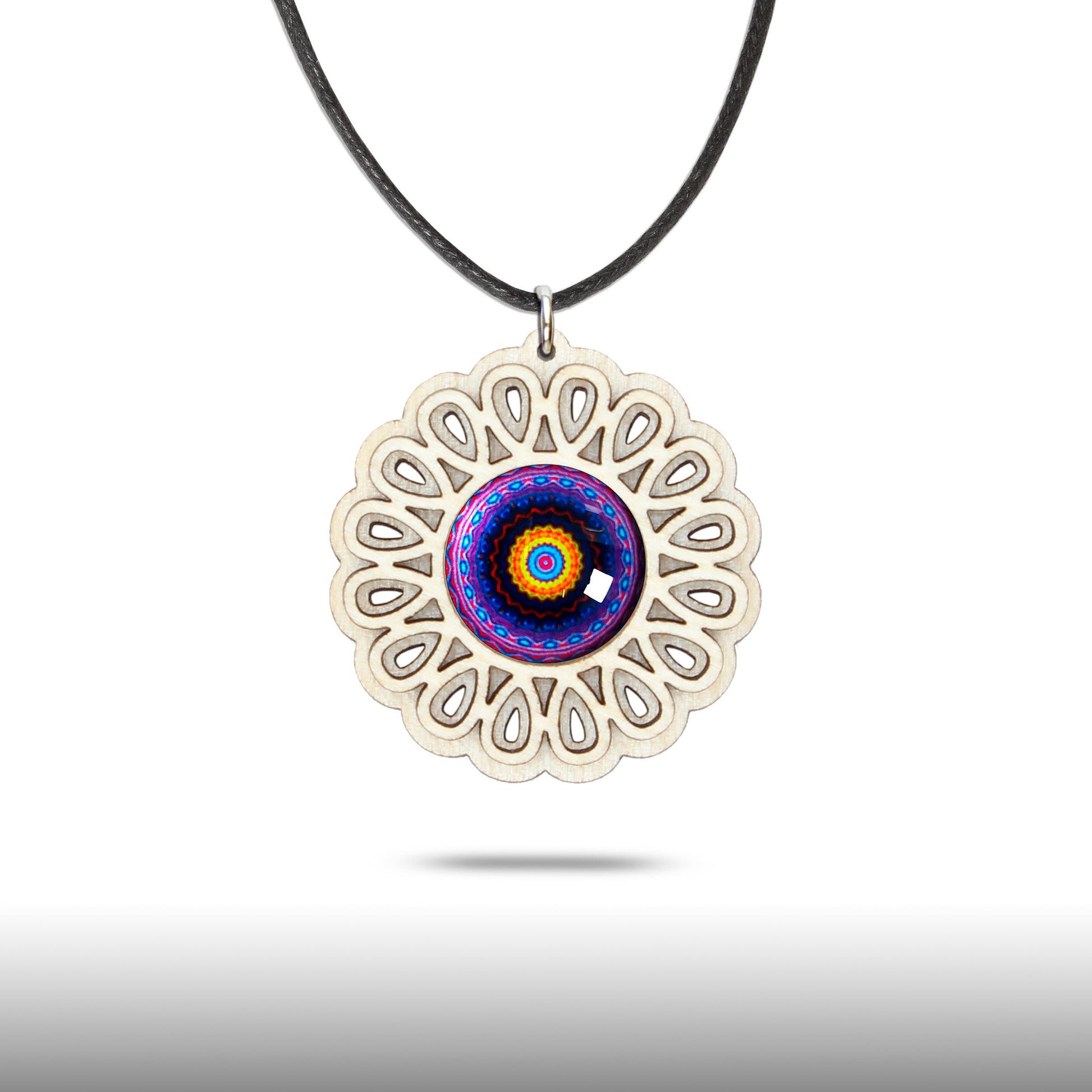 Halskette Mandala "Unendlichkeit" groß aus Holz mit Glasstein - Nanino Design Onlineshop -
