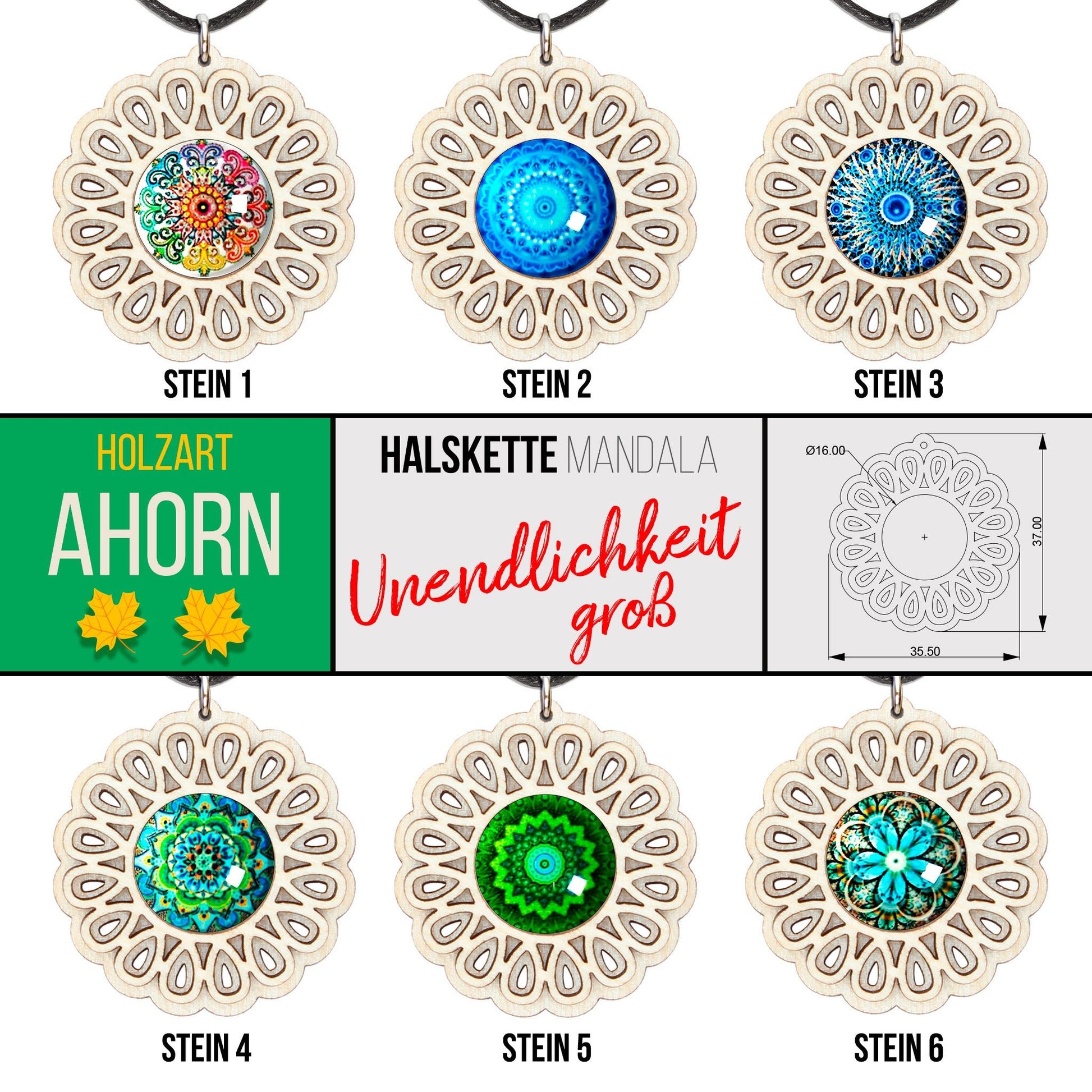 Halskette Mandala "Unendlichkeit" groß aus Holz mit Glasstein - Nanino Design Onlineshop -