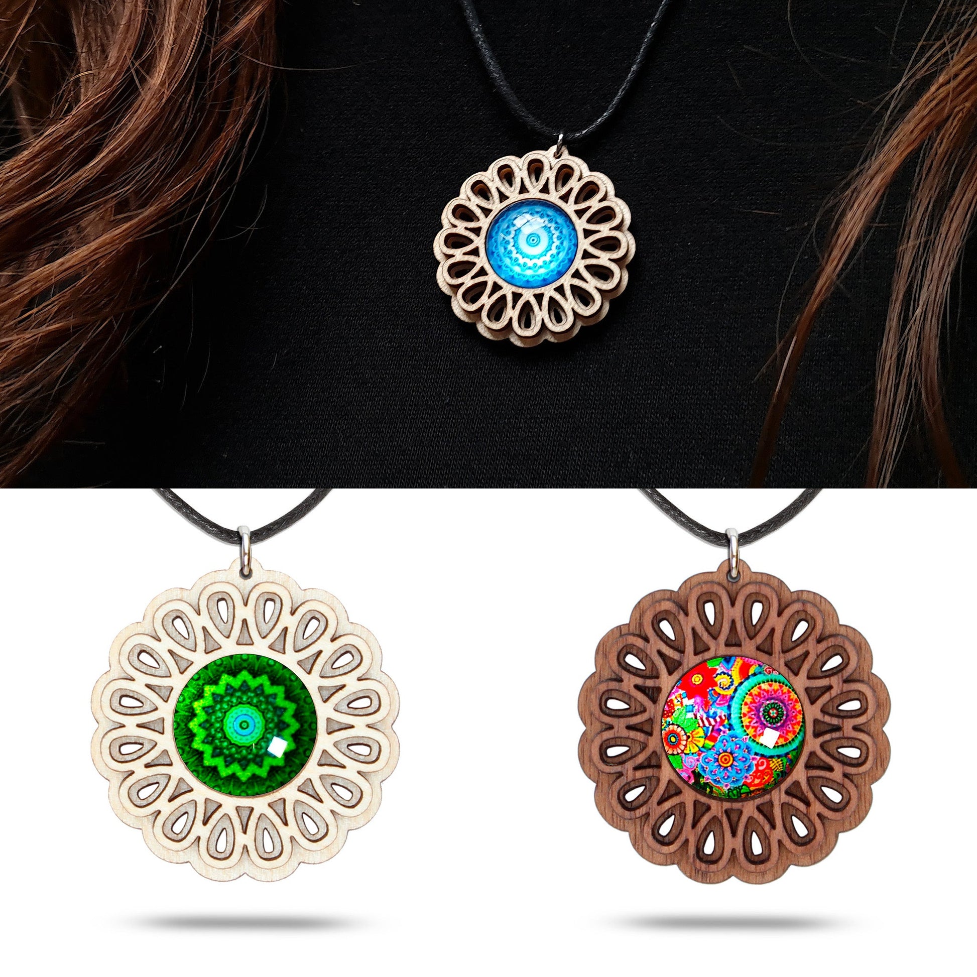 Halskette Mandala "Unendlichkeit" groß aus Holz mit Glasstein - Nanino Design Onlineshop -