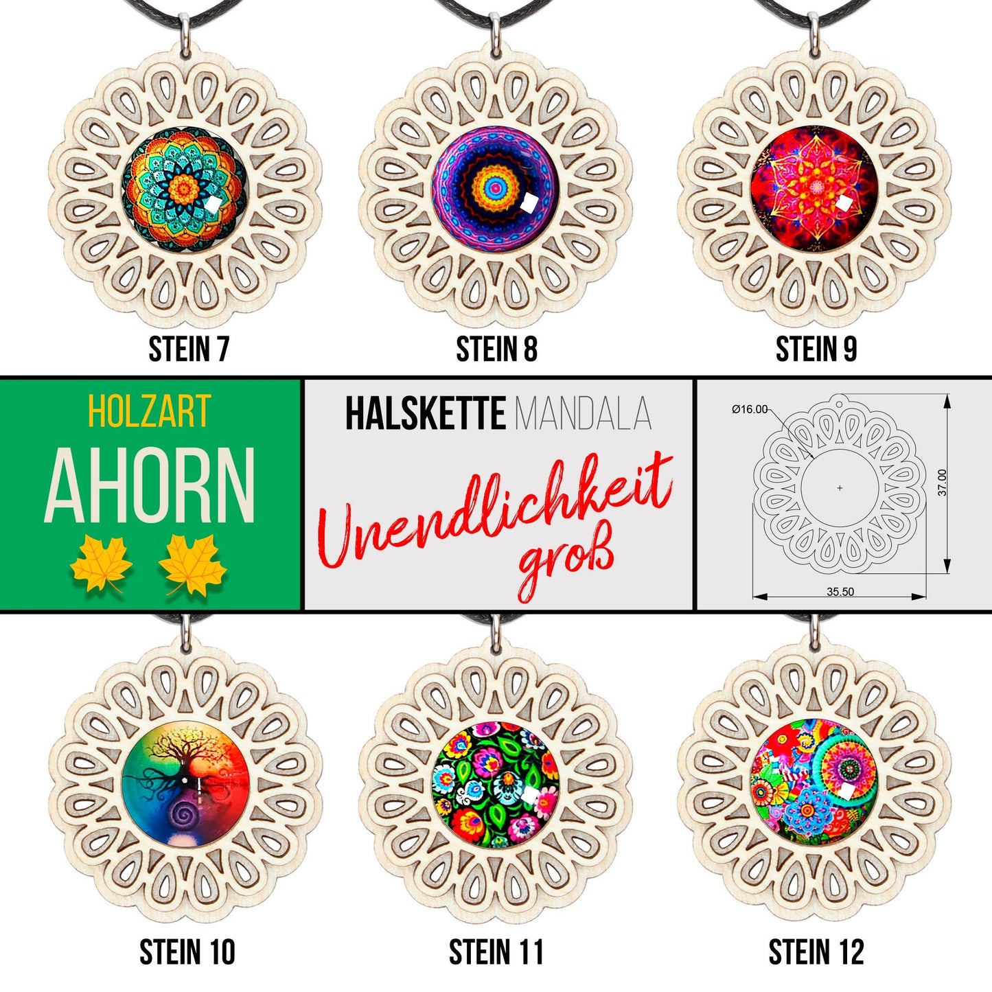 Halskette Mandala "Unendlichkeit" groß aus Holz mit Glasstein - Nanino Design Onlineshop -