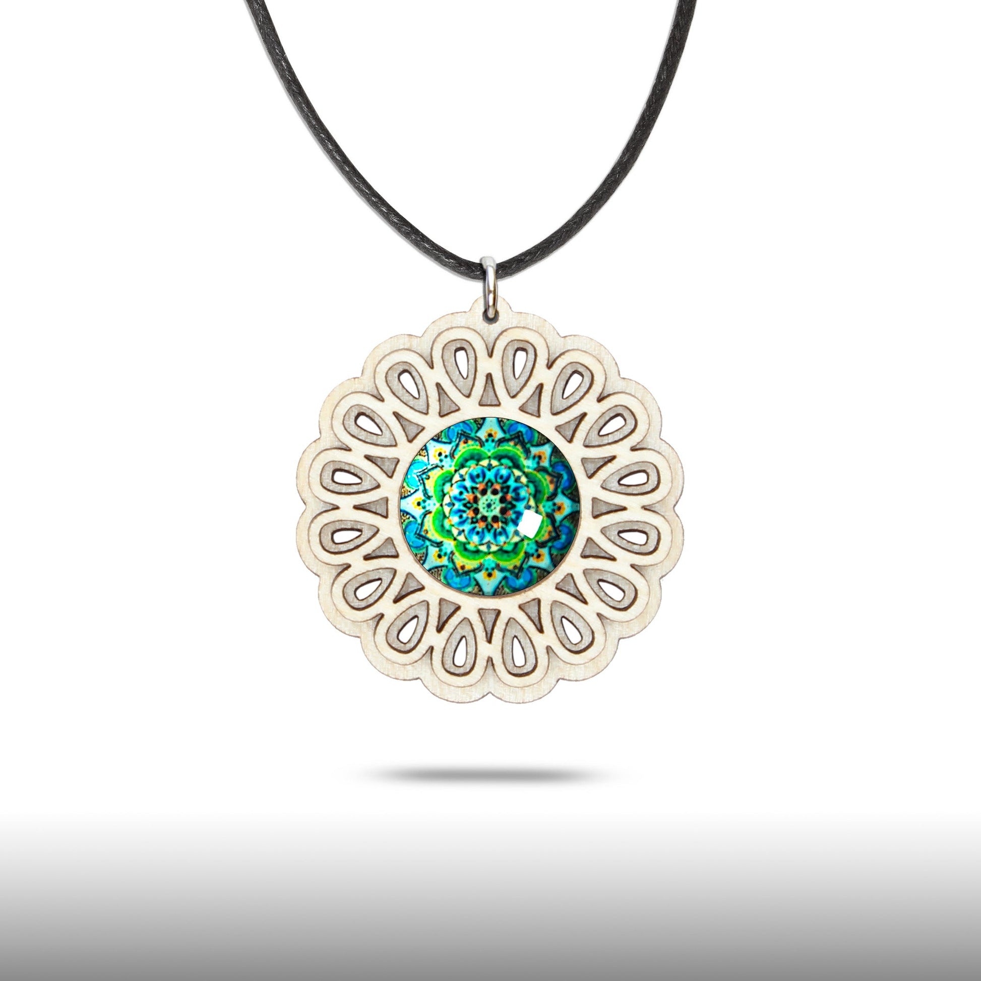 Halskette Mandala "Unendlichkeit" groß aus Holz mit Glasstein - Nanino Design Onlineshop -