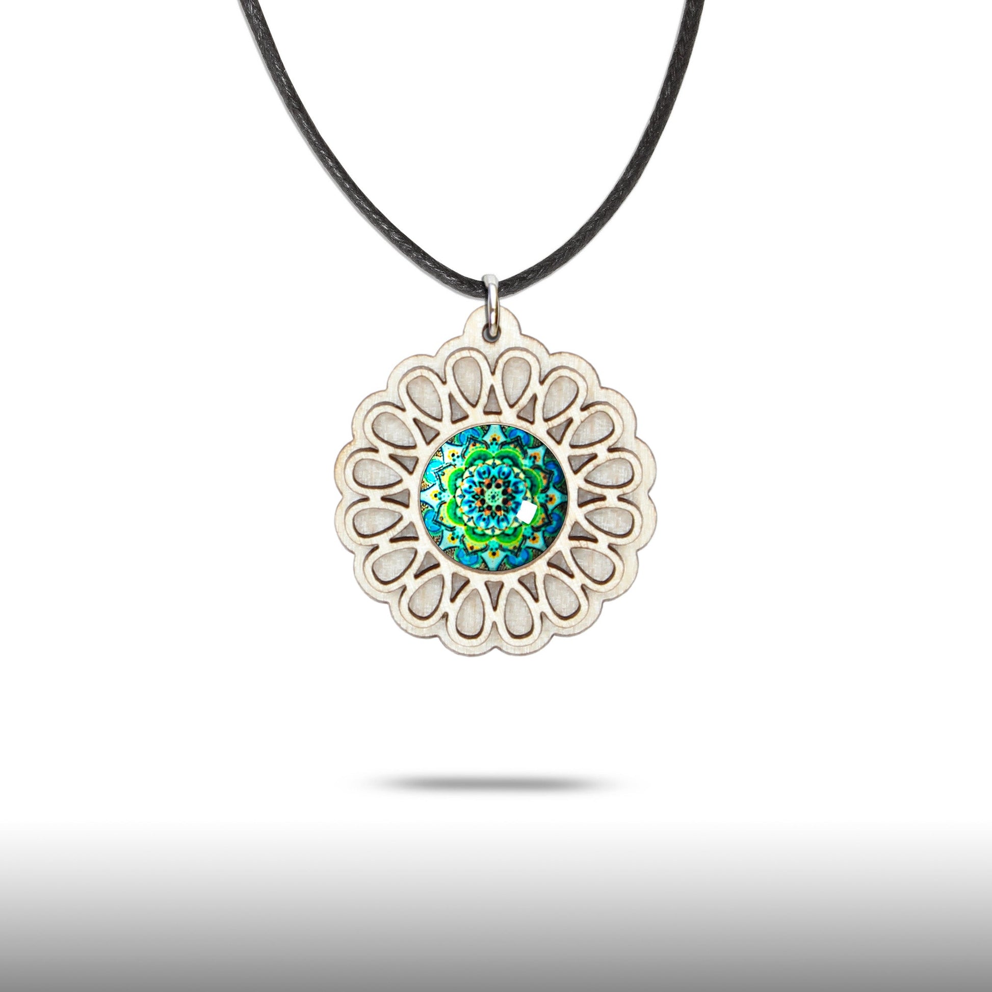 Halskette Mandala "Unendlichkeit" klein aus Holz mit Glasstein - Nanino Design Onlineshop -