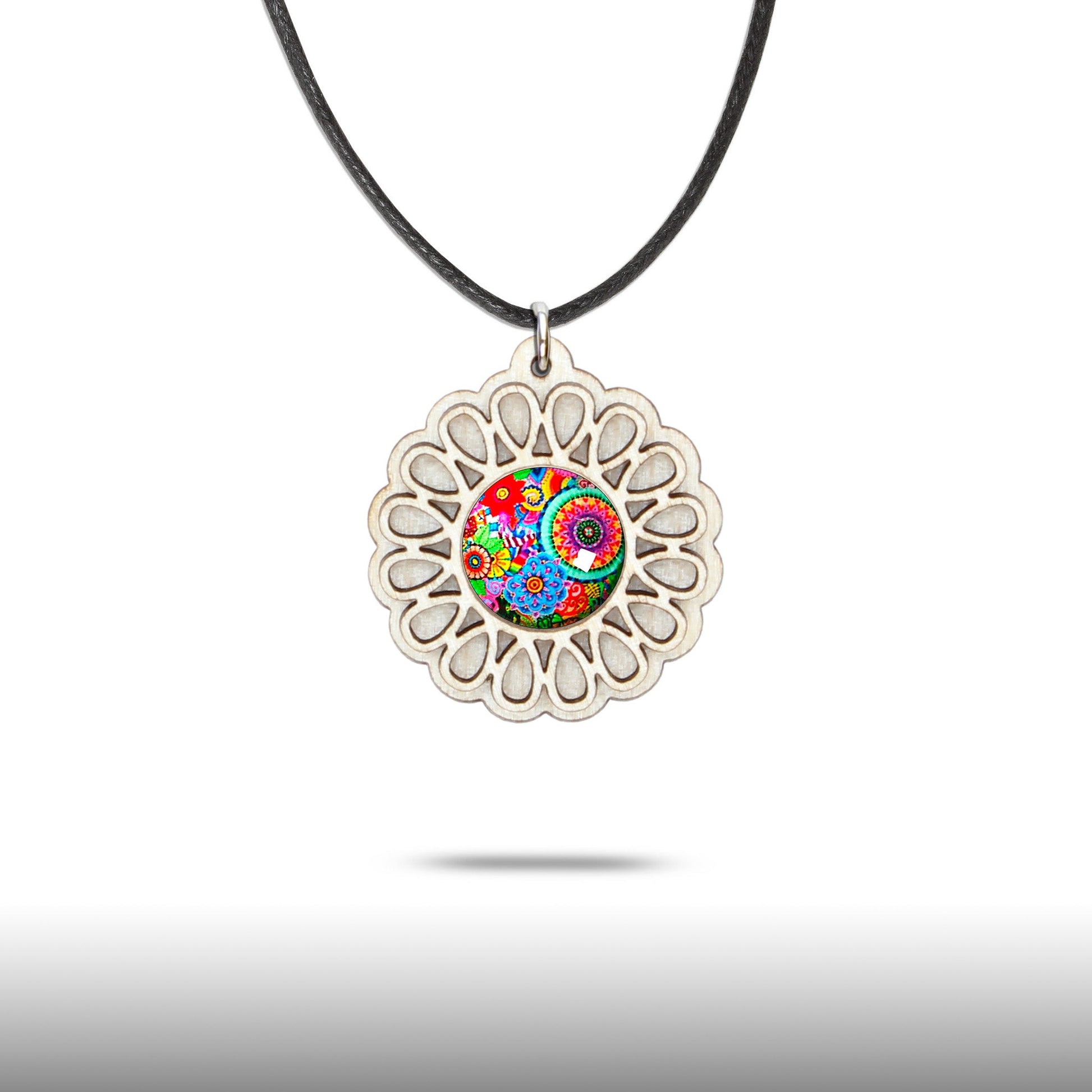 Halskette Mandala "Unendlichkeit" klein aus Holz mit Glasstein - Nanino Design Onlineshop -
