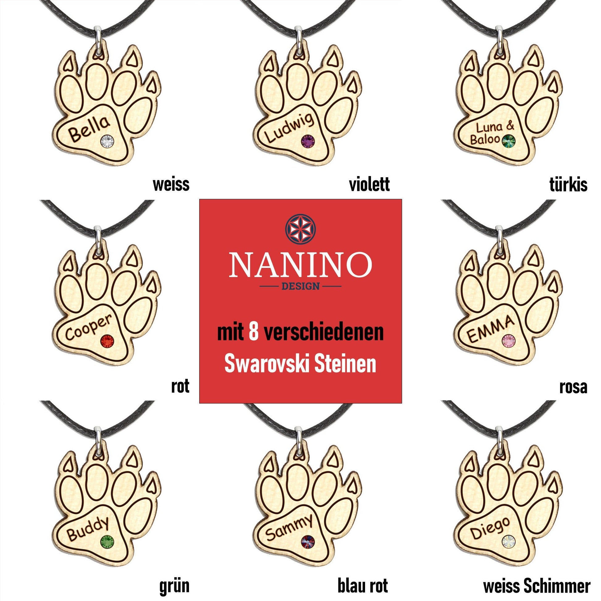 Halskette "Pfote mit Kralle" personalisiert, Glitzerstein - Nanino Design Onlineshop -