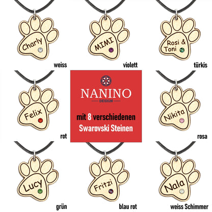Halskette "Pfote ohne Kralle" personalisiert, Glitzerstein - Nanino Design Onlineshop -