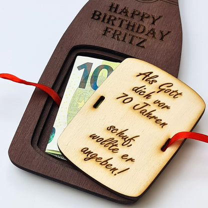 personalisierte Flasche "Geburtstag" aus Holz mit Geldfach | Wandbild | Geldgeschenk - Nanino Design Onlineshop -